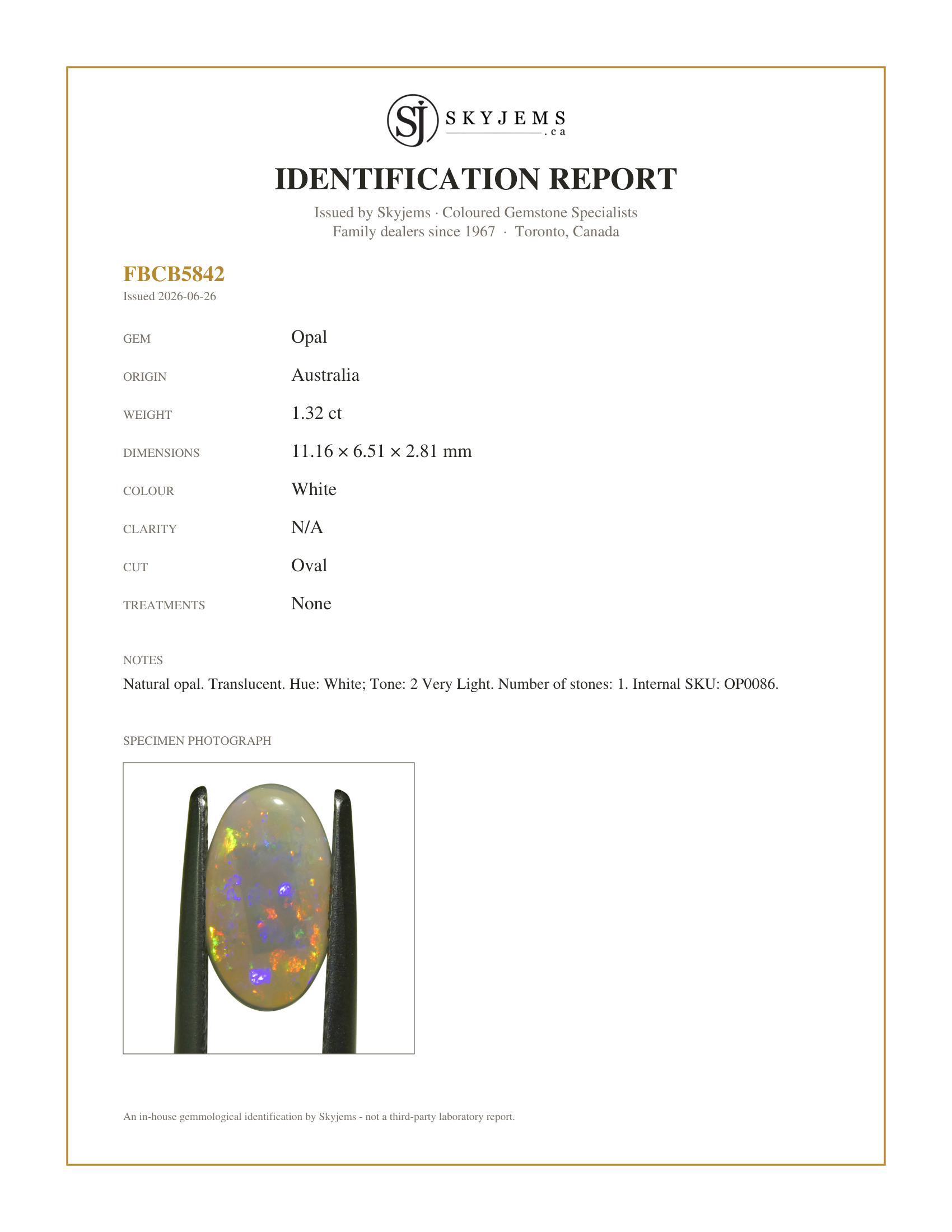 Skyjems Identification Report for OP0086 — 1.32ct Oval Cabochon White Opal from Australia