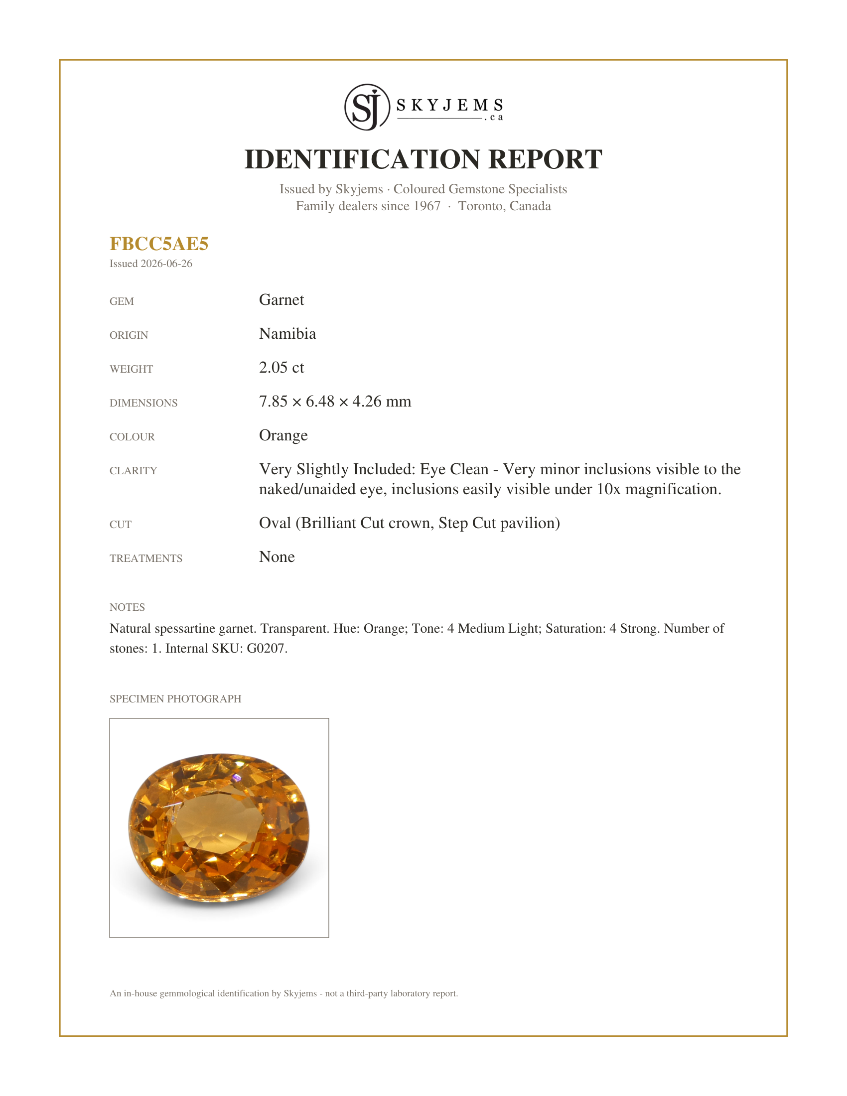 Skyjems Identification Report for G0207 — 2.05ct Oval Fanta Orange Mandarin Spessartite/Spessartine Garnet from Namibia