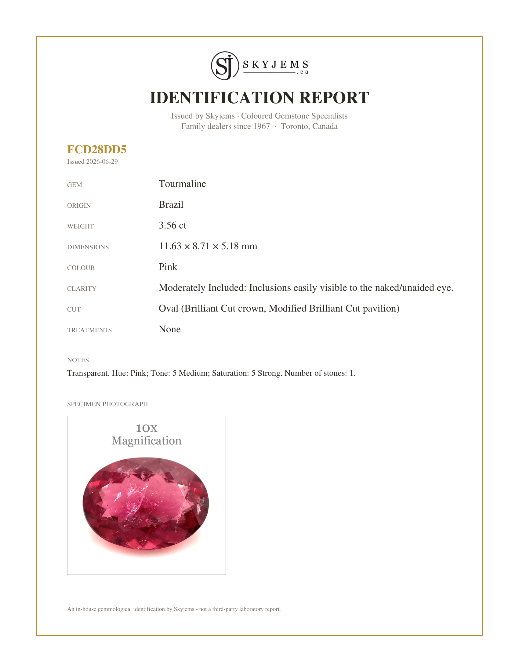 Skyjems Identification Report for TR0112 — 3.56ct Oval Pink Tourmaline