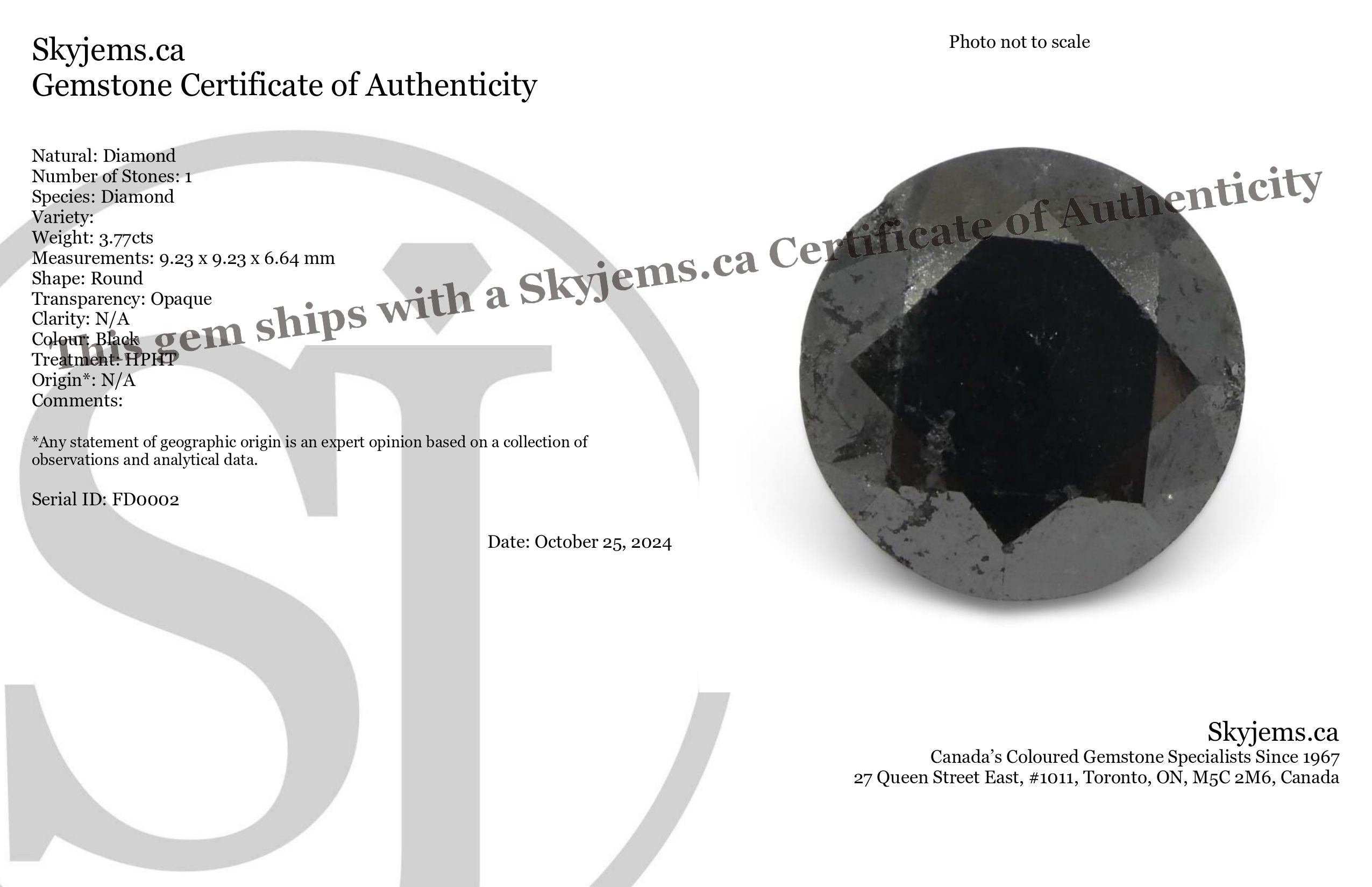 3.77ct Round Brilliant Black Diamond from SkyJems, premium Canadian fancy black diamond single stone, classic gem cut