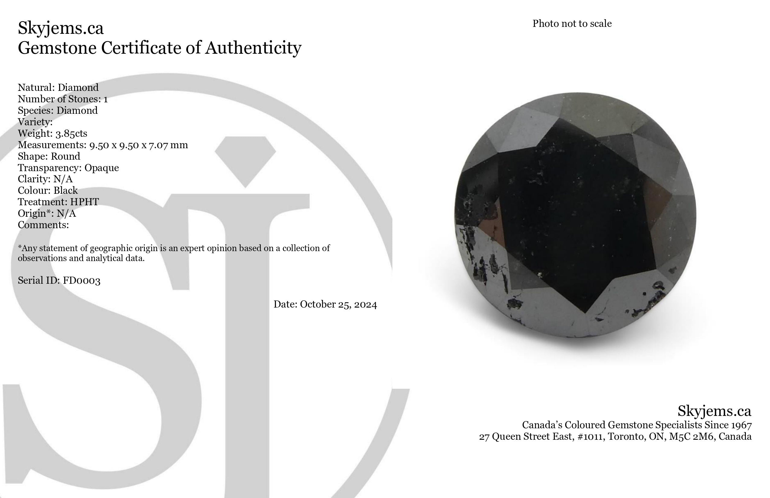 3.85ct Black Round Brilliant Diamond from SkyJems, premium Canadian fancy black single stone for fine jewelry