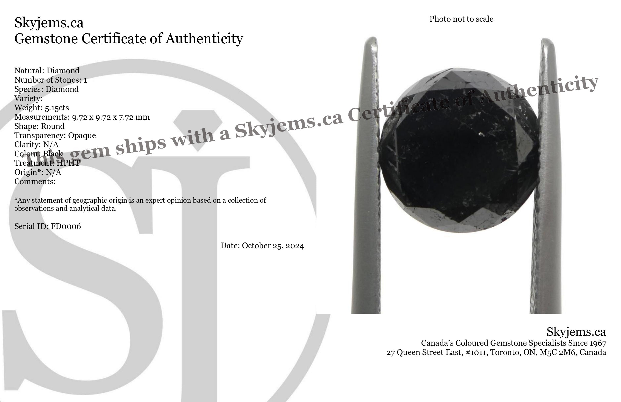5.15ct Round Brilliant Black Diamond from SkyJems, premium Canadian fancy black diamond, single stone with exceptional cut an