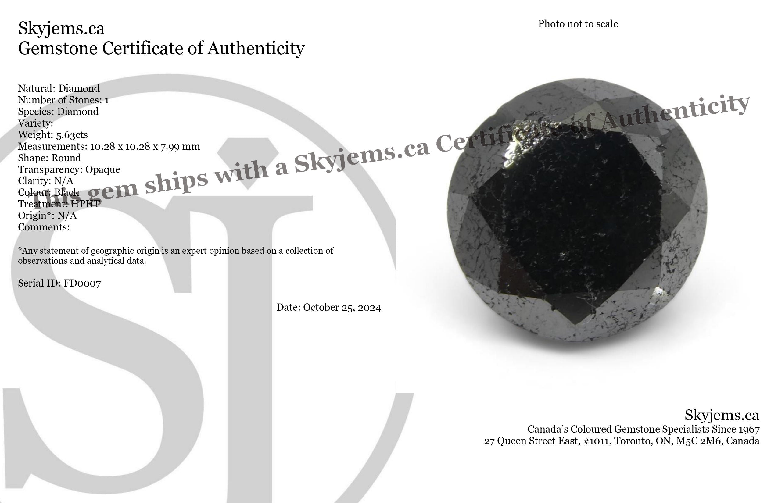5.63ct Round Brilliant Black Diamond from SkyJems, premium Canadian fancy black diamond single stone, classic gem cut
