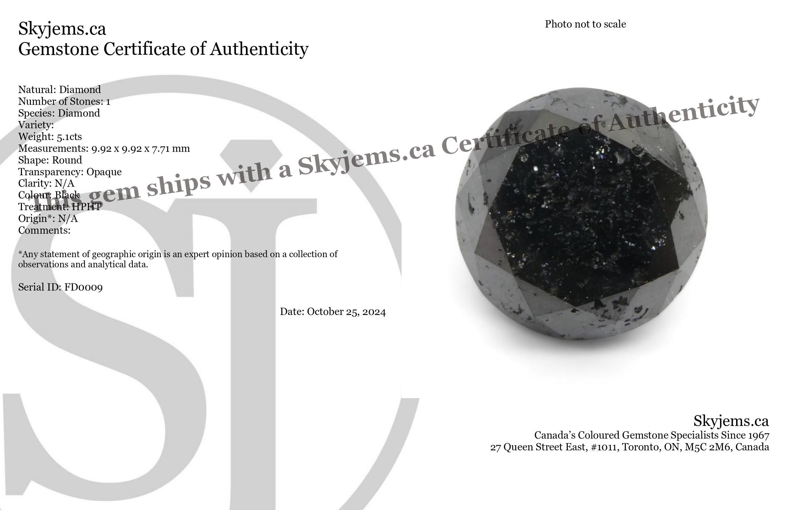 5.1 carat round brilliant black diamond from SkyJems, premium Canadian fancy colored gemstone with exceptional cut and deep n