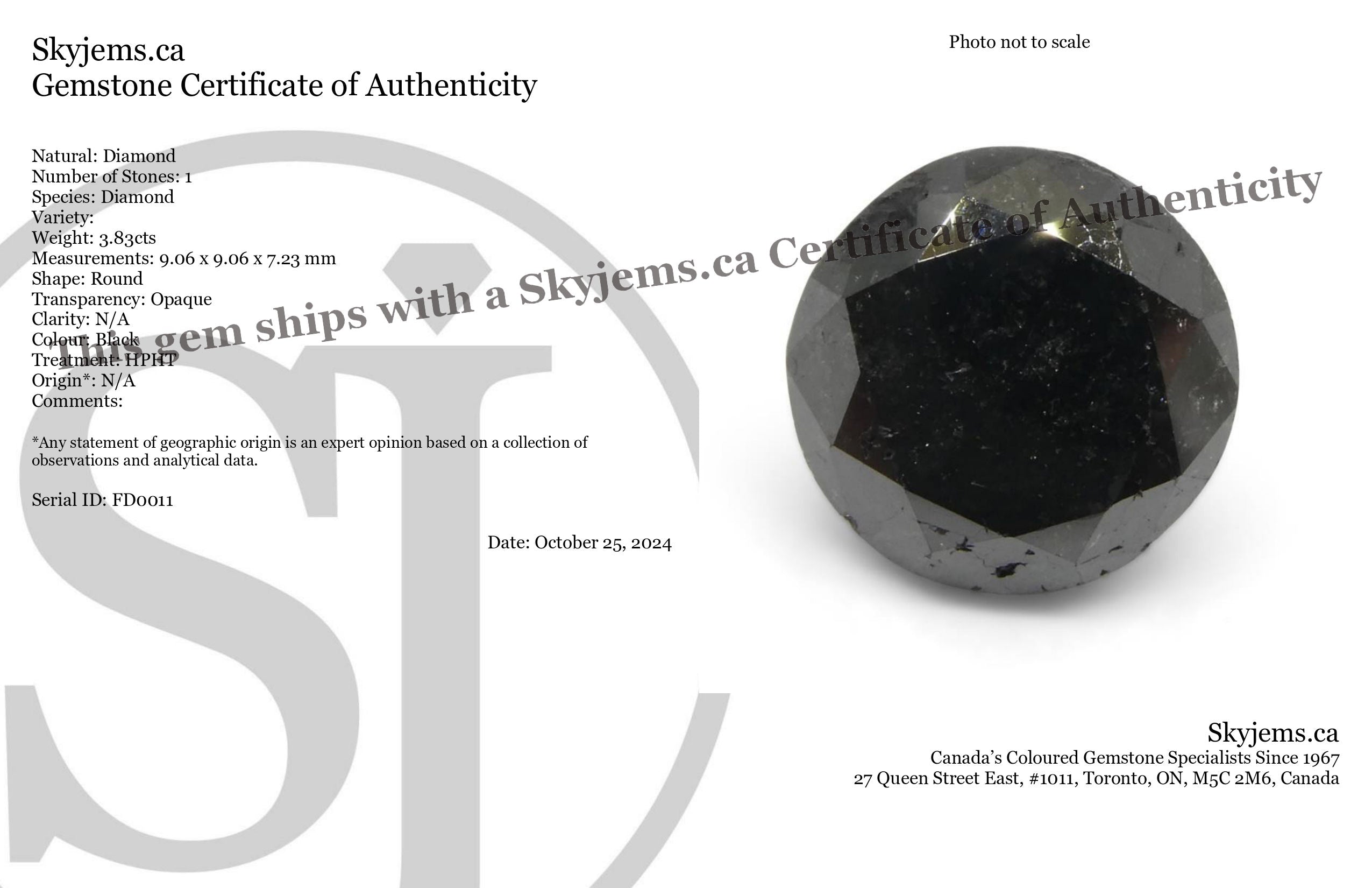 3.83ct Black Round Brilliant Diamond from SkyJems, premium Canadian fancy black single stone for fine jewelry