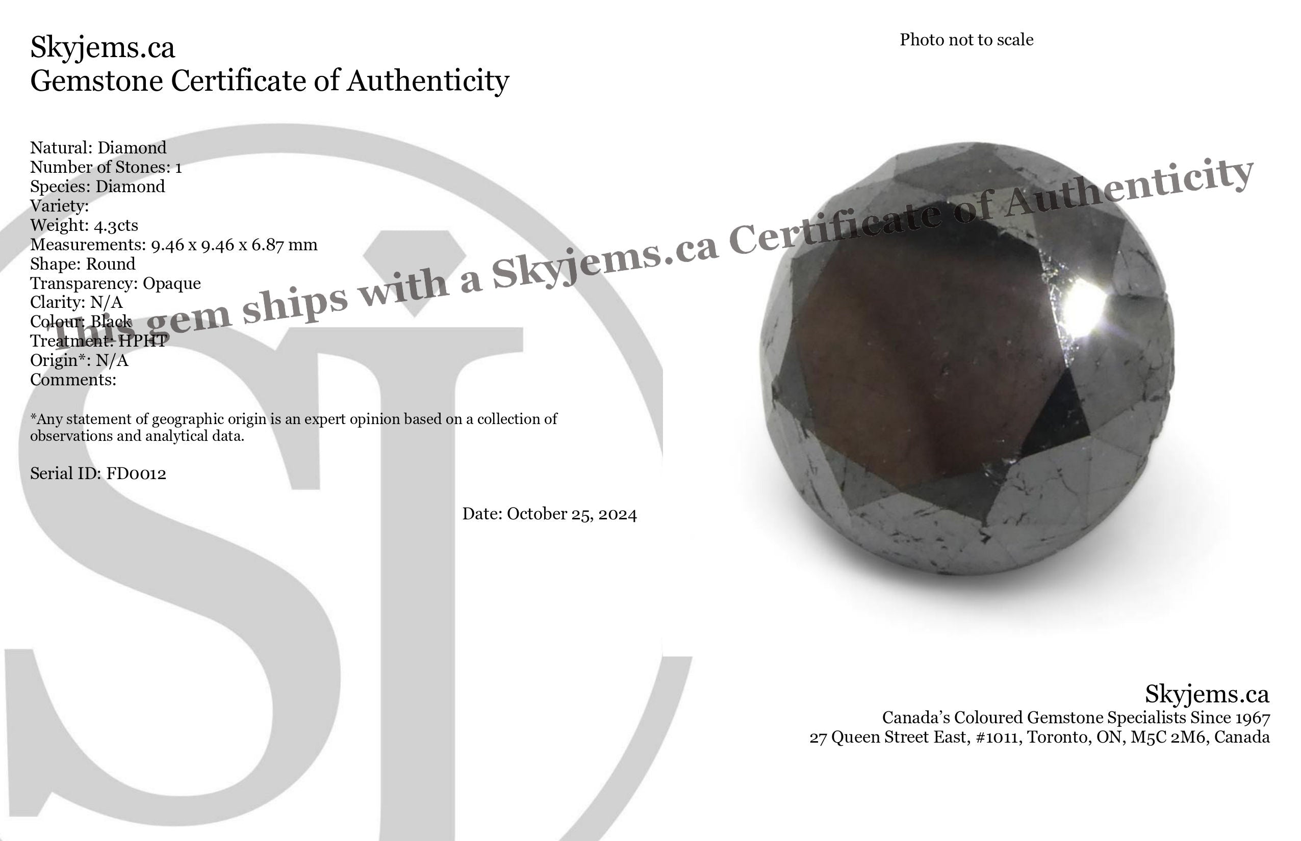4.3ct Round Brilliant Black Diamond from SkyJems, premium Canadian fancy black diamond with exceptional cut and lustre