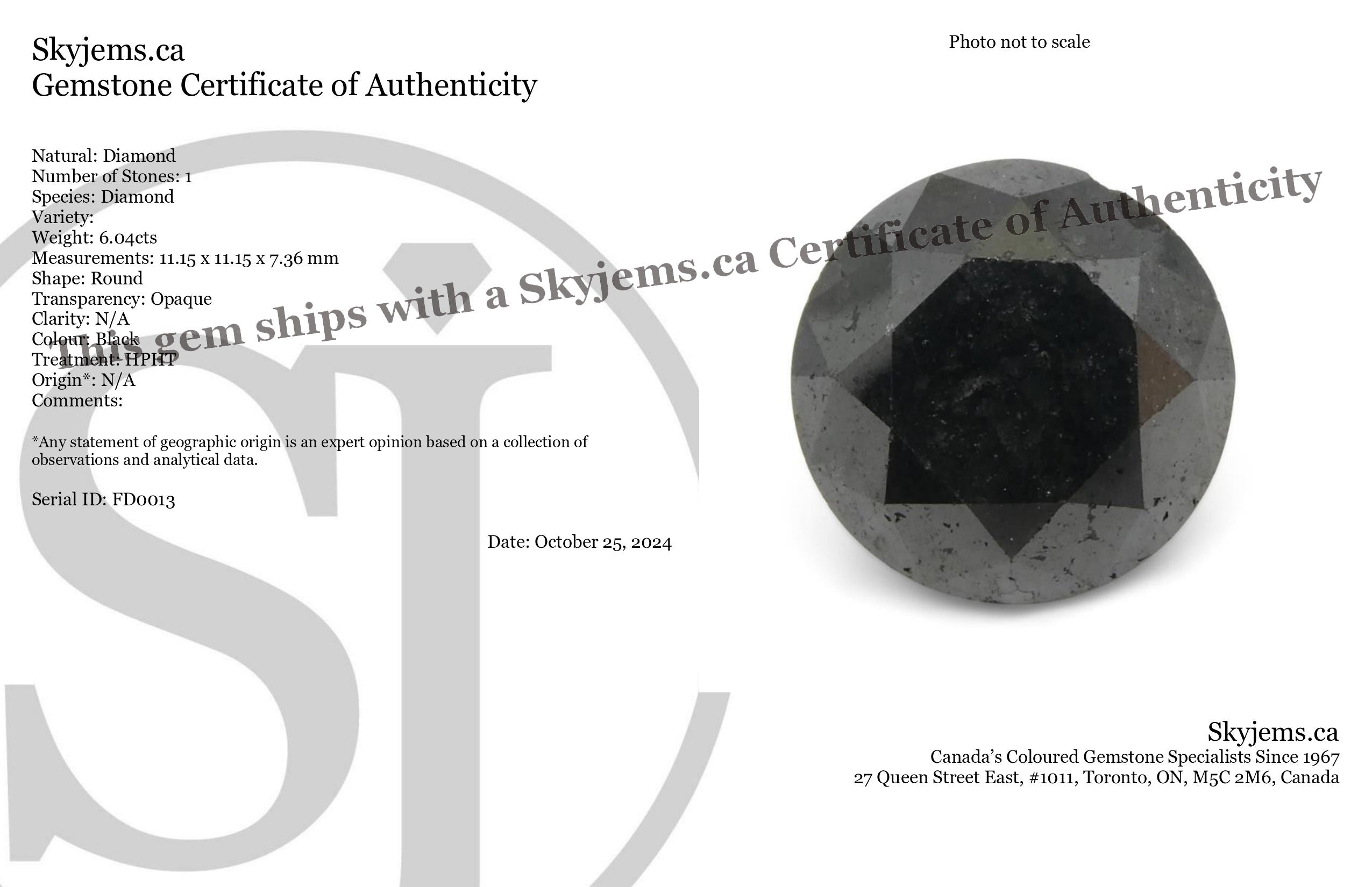 SkyJems 6.04ct Round Brilliant Black Diamond, Canadian luxury gemstone, rare fancy dark stone for fine jewelry