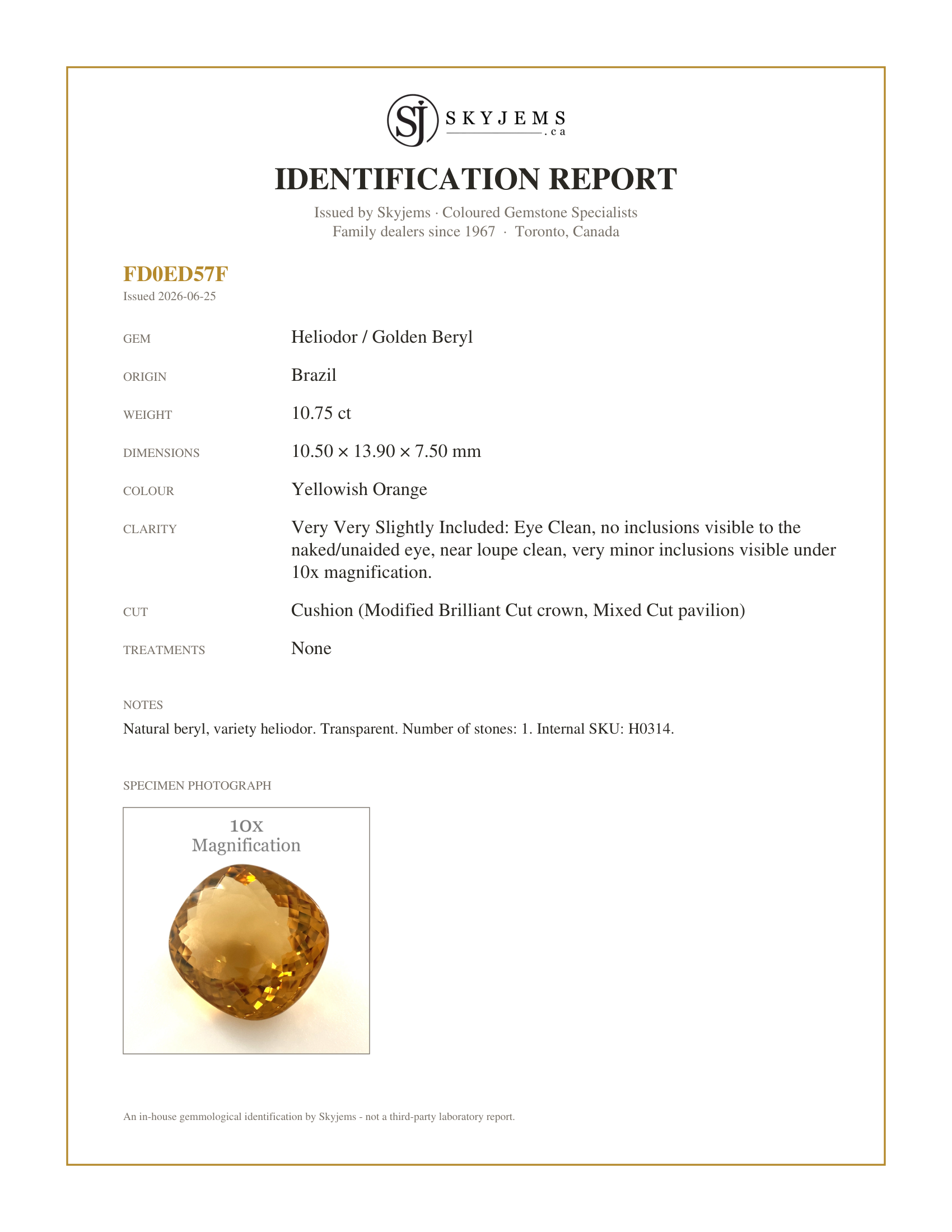 Skyjems Identification Report for H0314 — 10.75ct Cushion Heliodor, Golden Yellow Beryl