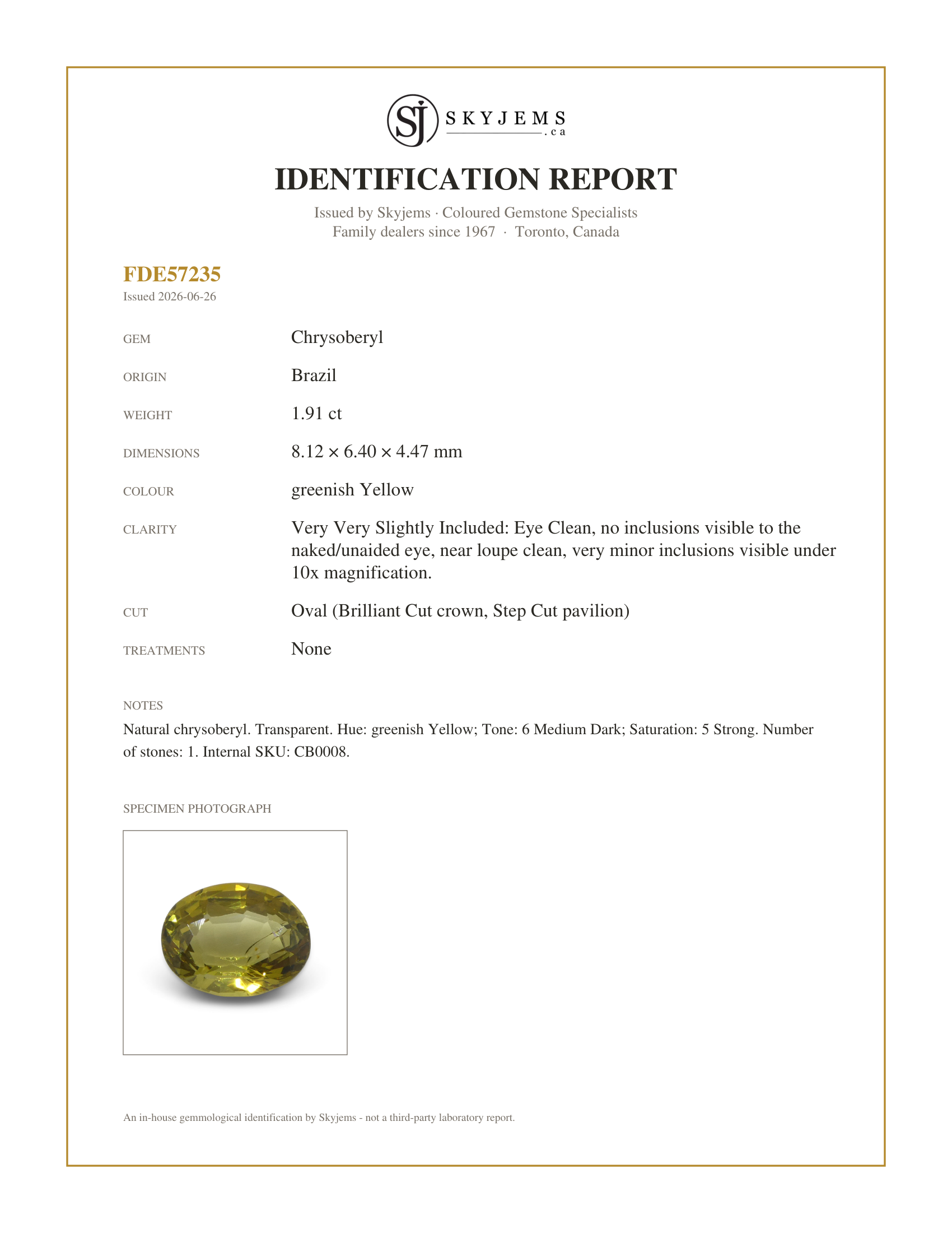 Skyjems Identification Report for CB0008 — 1.91ct Oval Yellow Chrysoberyl