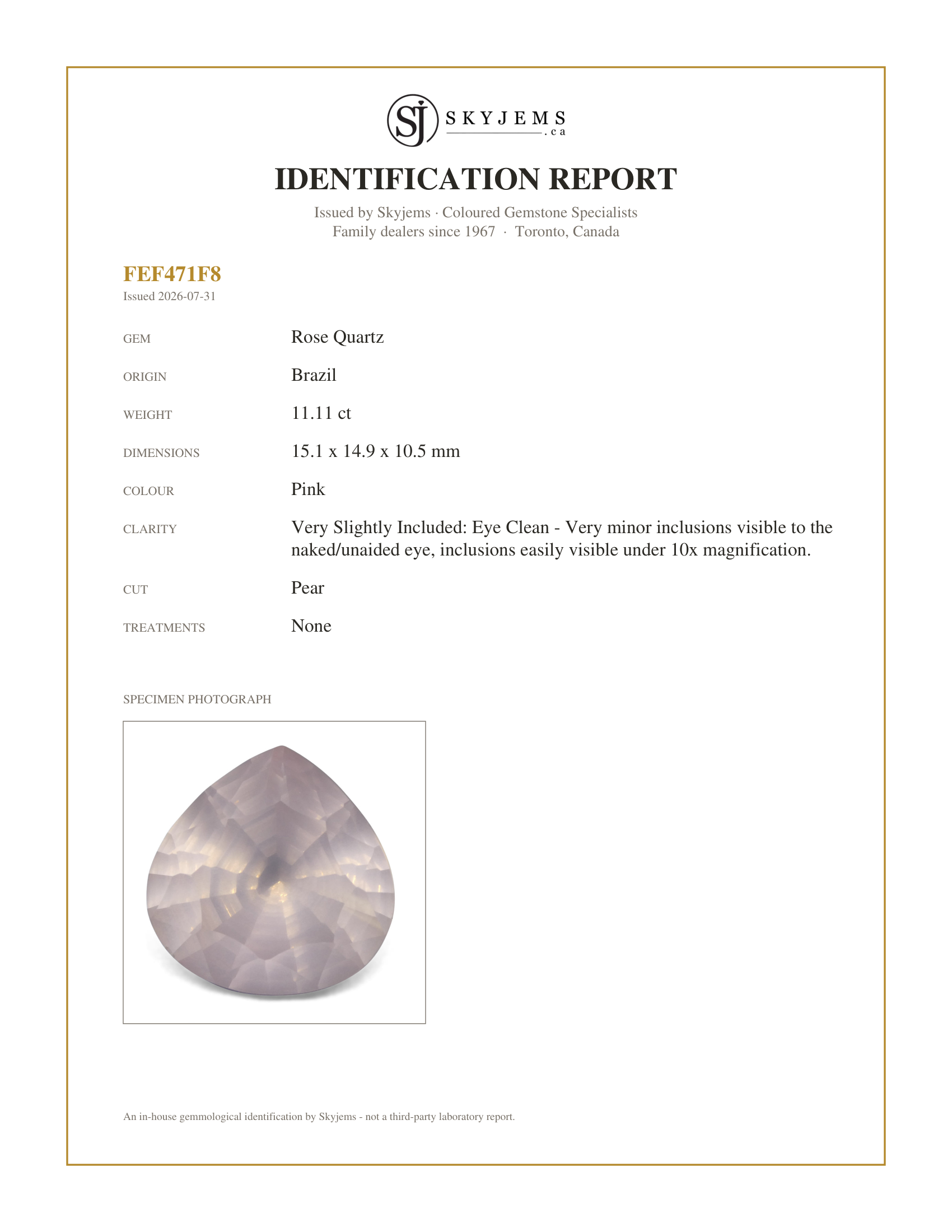 Skyjems Identification Report for RSQF0001 — 11.11ct Pear Rose Quartz Fantasy/Fancy Cut