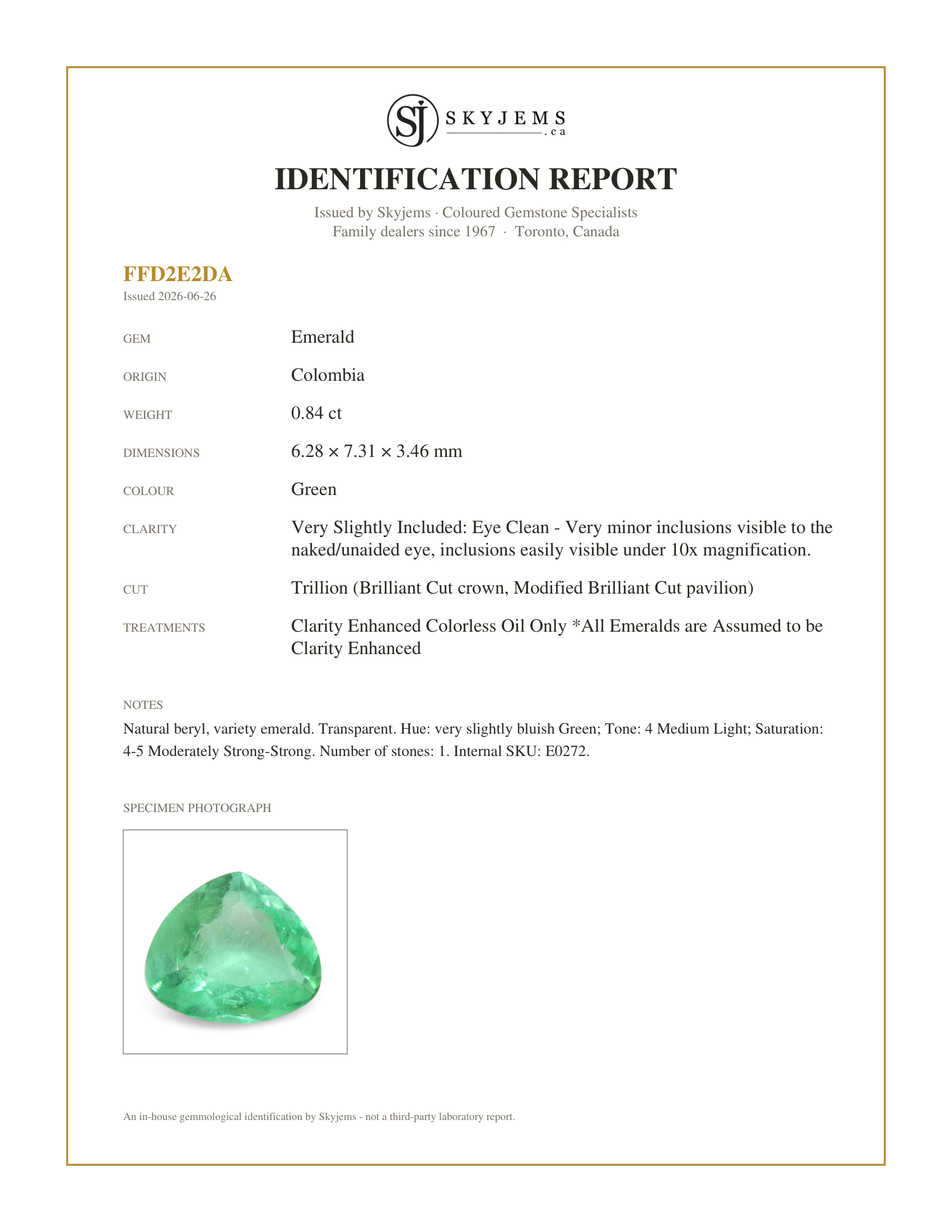 Skyjems Identification Report for E0272 — 0.84ct Trillion Green Emerald from Colombia