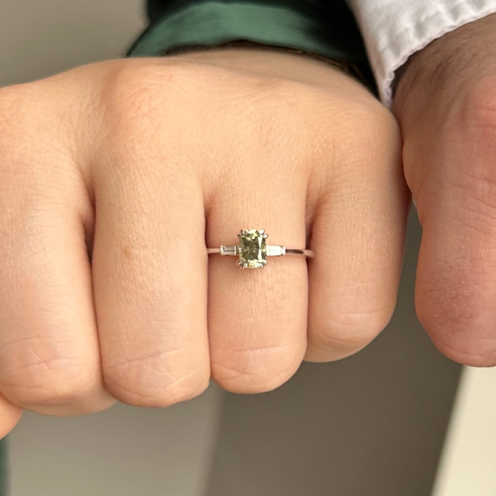 1.07ct Yellowish Green Fancy Diamond Cushion Engagement Ring set in 18k White Gold, GIA Certified - Skyjems Wholesale Gemstones