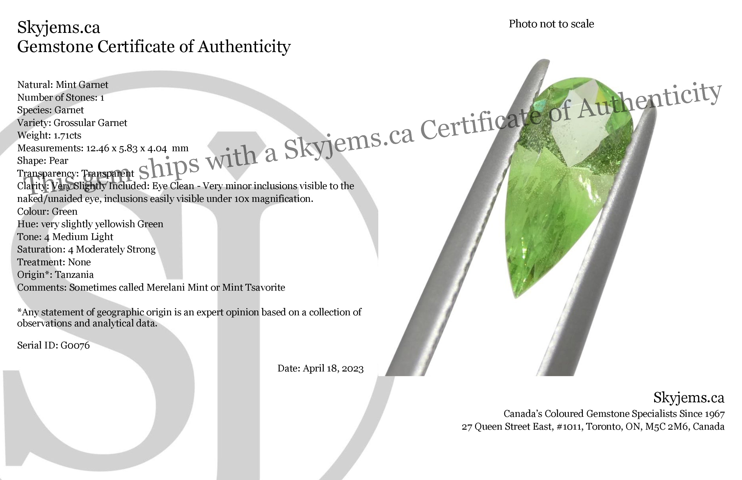 SkyJems 1.71ct Pear Mint Green Tsavorite Garnet from Tanzania, rare gemstone in modified brilliant cut