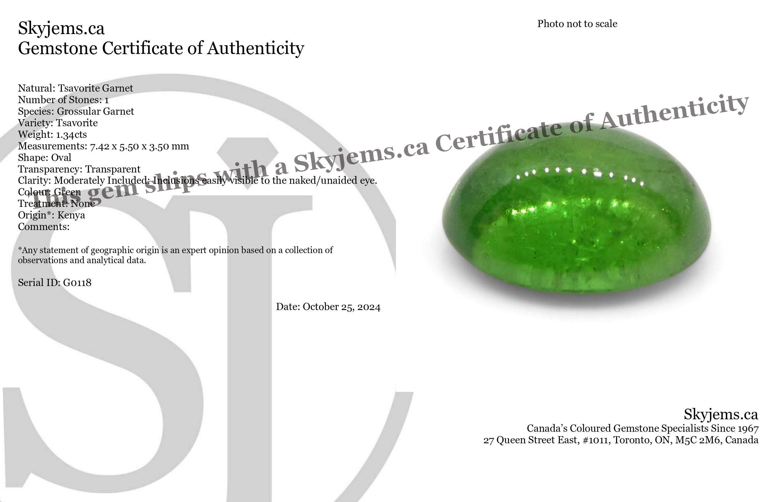 1.34ct Oval Cabochon Green Tsavorite Garnet from Kenya, Unheated - Skyjems Wholesale Gemstones