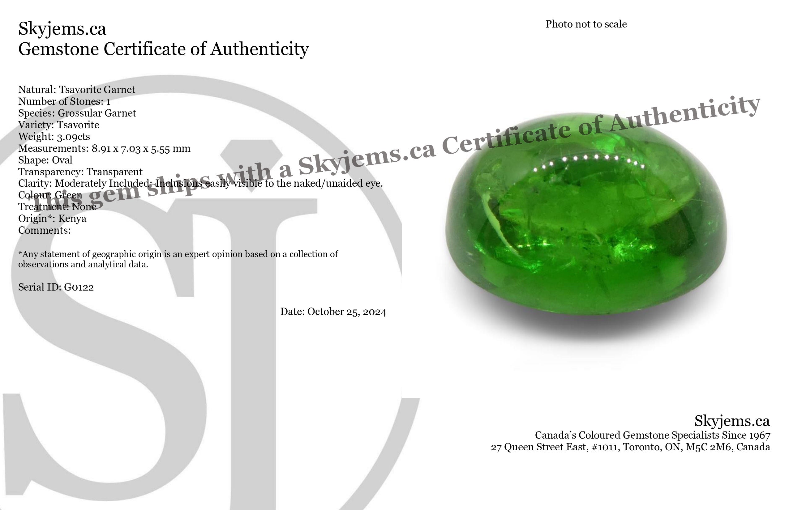 3.09ct Oval Cabochon Green Tsavorite Garnet from Kenya, Unheated - Skyjems Wholesale Gemstones