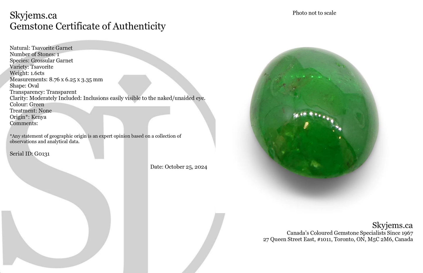 1.6ct Oval Cabochon Green Tsavorite Garnet from Kenya, Unheated