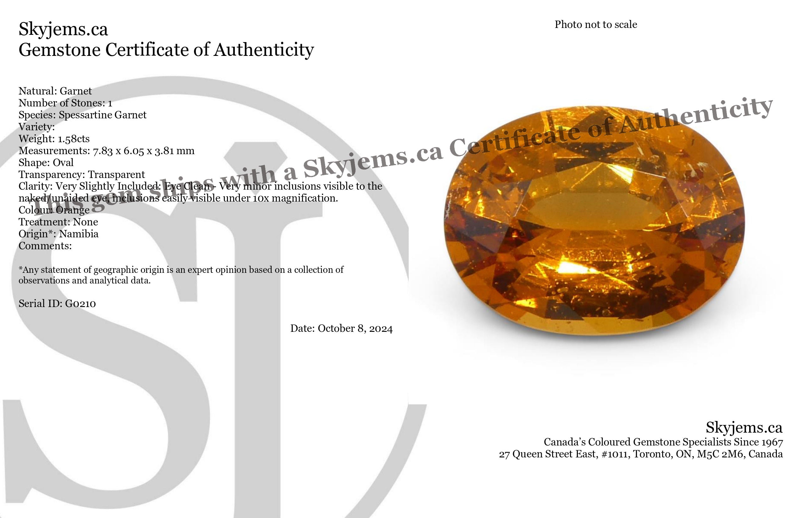 1.58ct Oval Fanta Orange Mandarin Spessartite/Spessartine Garnet from Namibia - Skyjems Wholesale Gemstones
