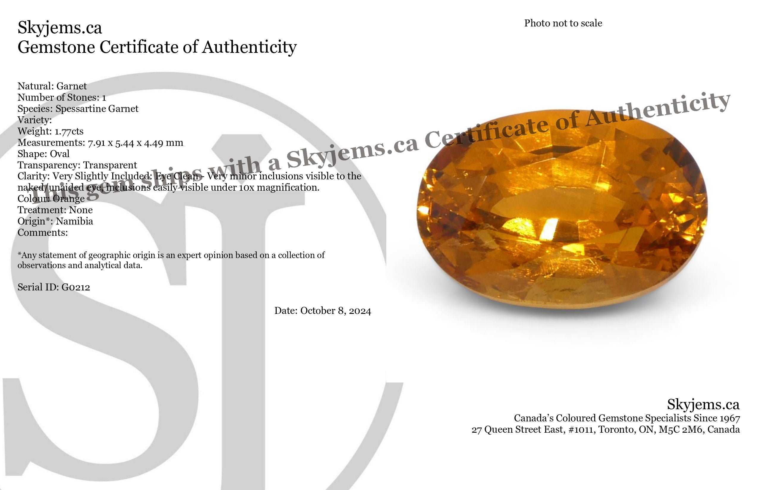 1.77ct Oval Fanta Orange Mandarin Spessartite/Spessartine Garnet from Namibia - Skyjems Wholesale Gemstones