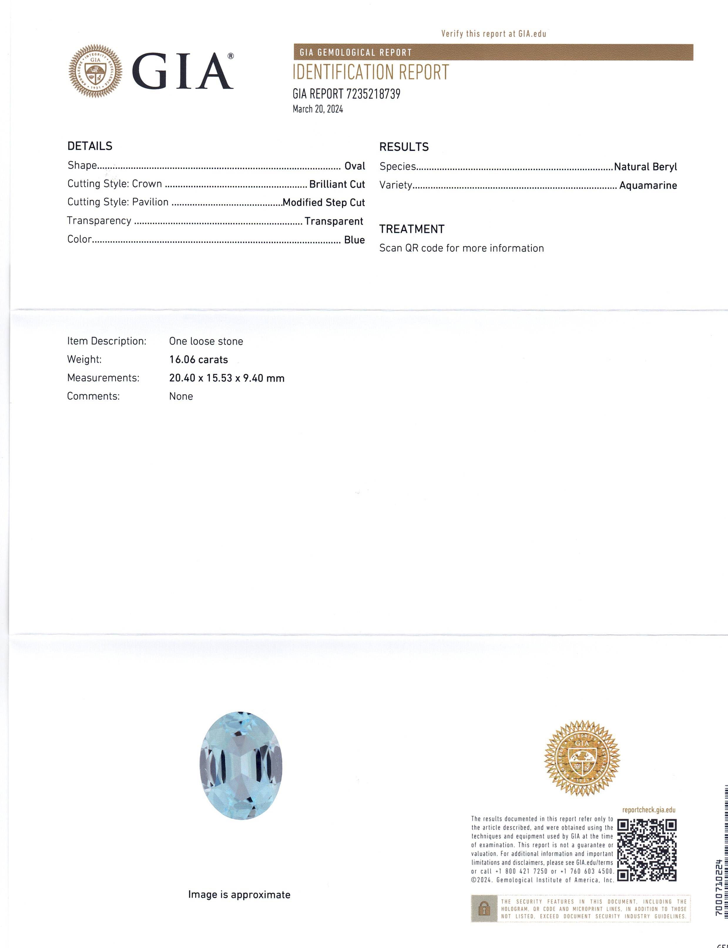 16.06ct Oval Blue Aquamarine GIA Certified Brazil Unheated - Skyjems Wholesale Gemstones