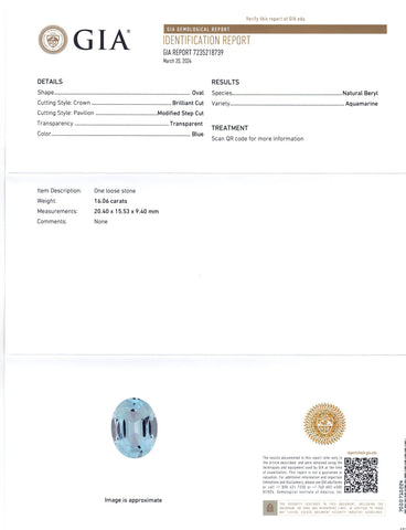16.06ct Oval Blue Aquamarine GIA Certified Brazil Unheated