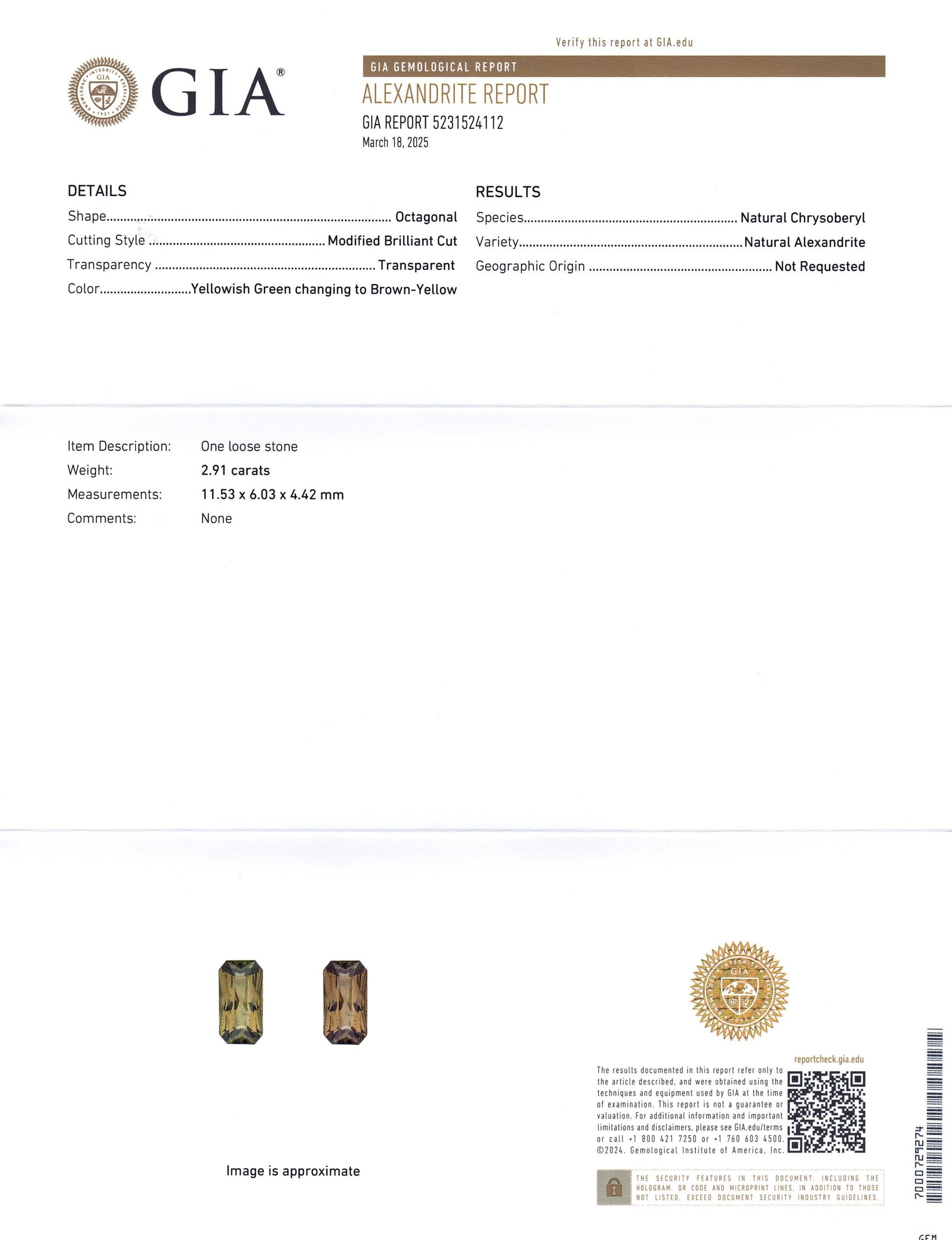 2.91ct Octagonal/Emerald Cut Yellowish Green to Brown-Yellow Alexandrite GIA Certified  Unheated - Skyjems Wholesale Gemstones