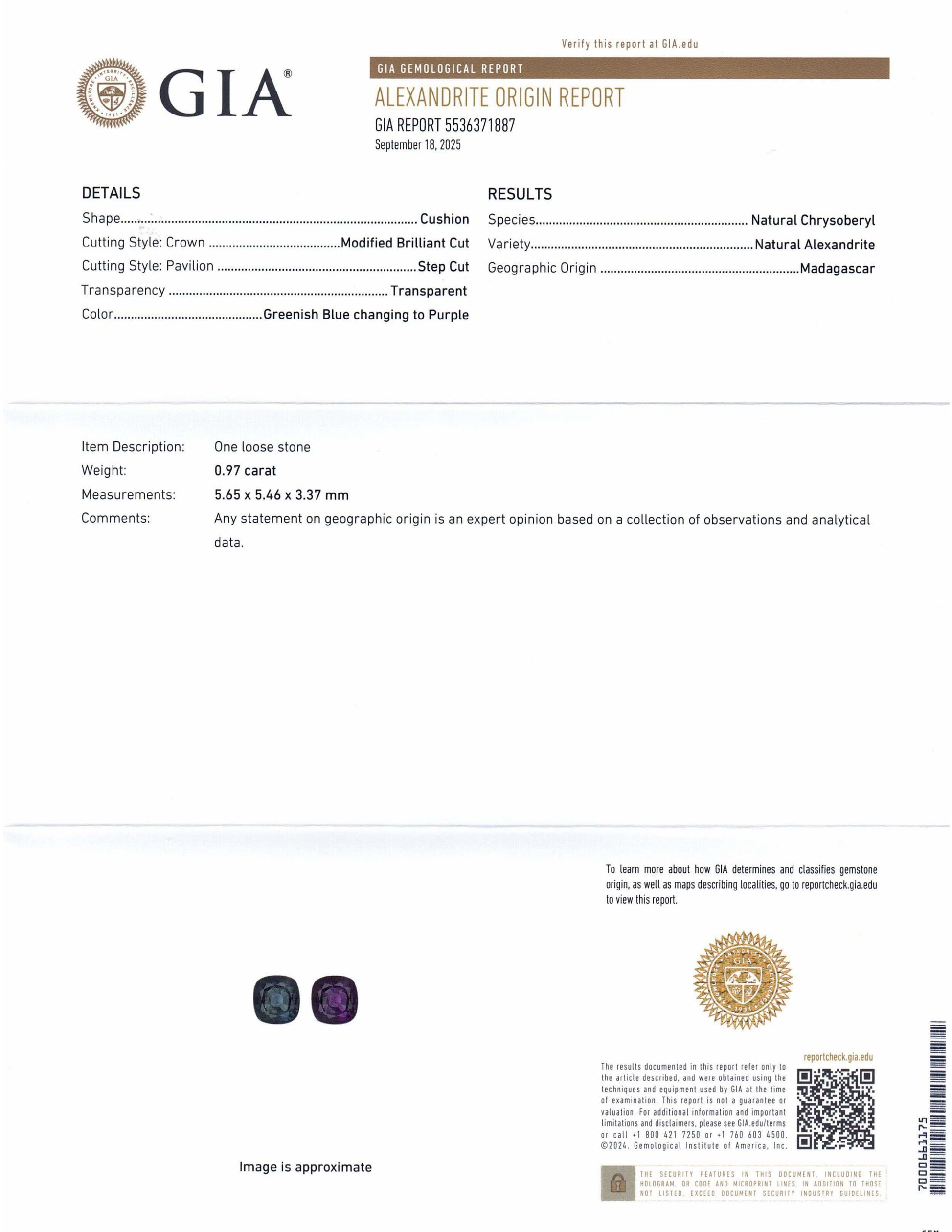 0.97ct Cushion Greenish Blue to Purple Alexandrite GIA Certified Madagascar Unheated - Skyjems Wholesale Gemstones