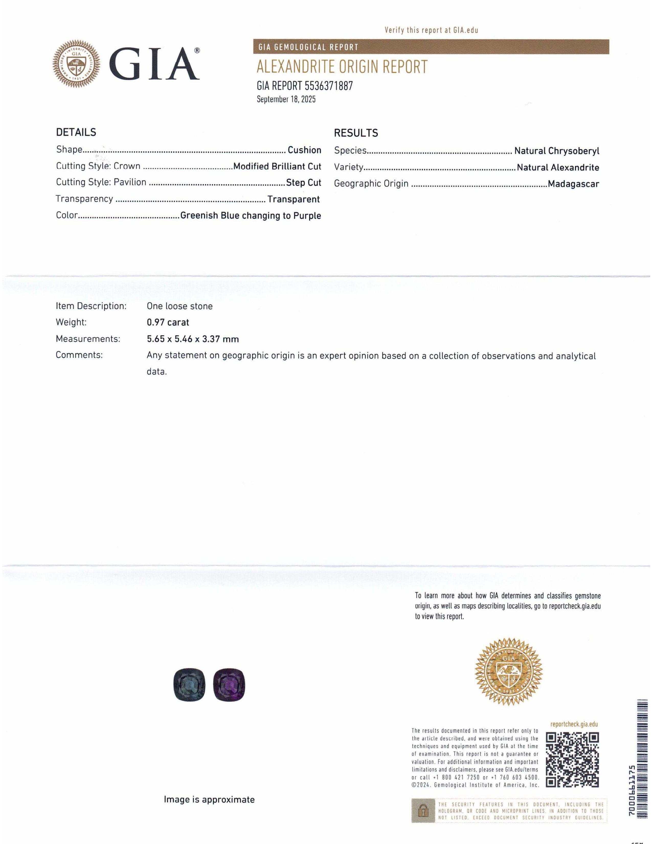 0.97ct Cushion Greenish Blue to Purple Alexandrite GIA Certified Madagascar Unheated - Skyjems Wholesale Gemstones