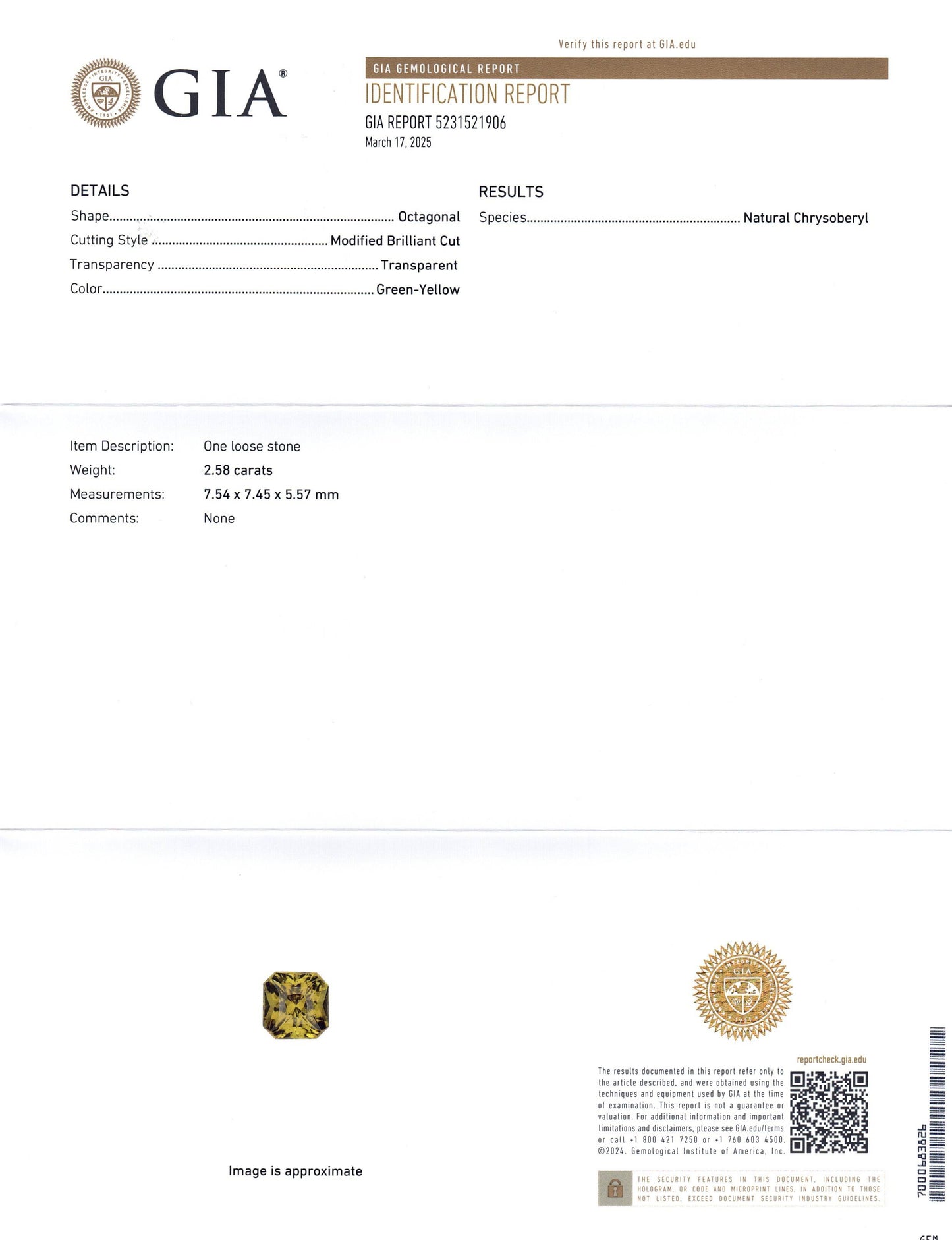 2.58ct Octagonal/Emerald Cut Green-Yellow Chrysoberyl GIA Certified Unheated - Skyjems Wholesale Gemstones