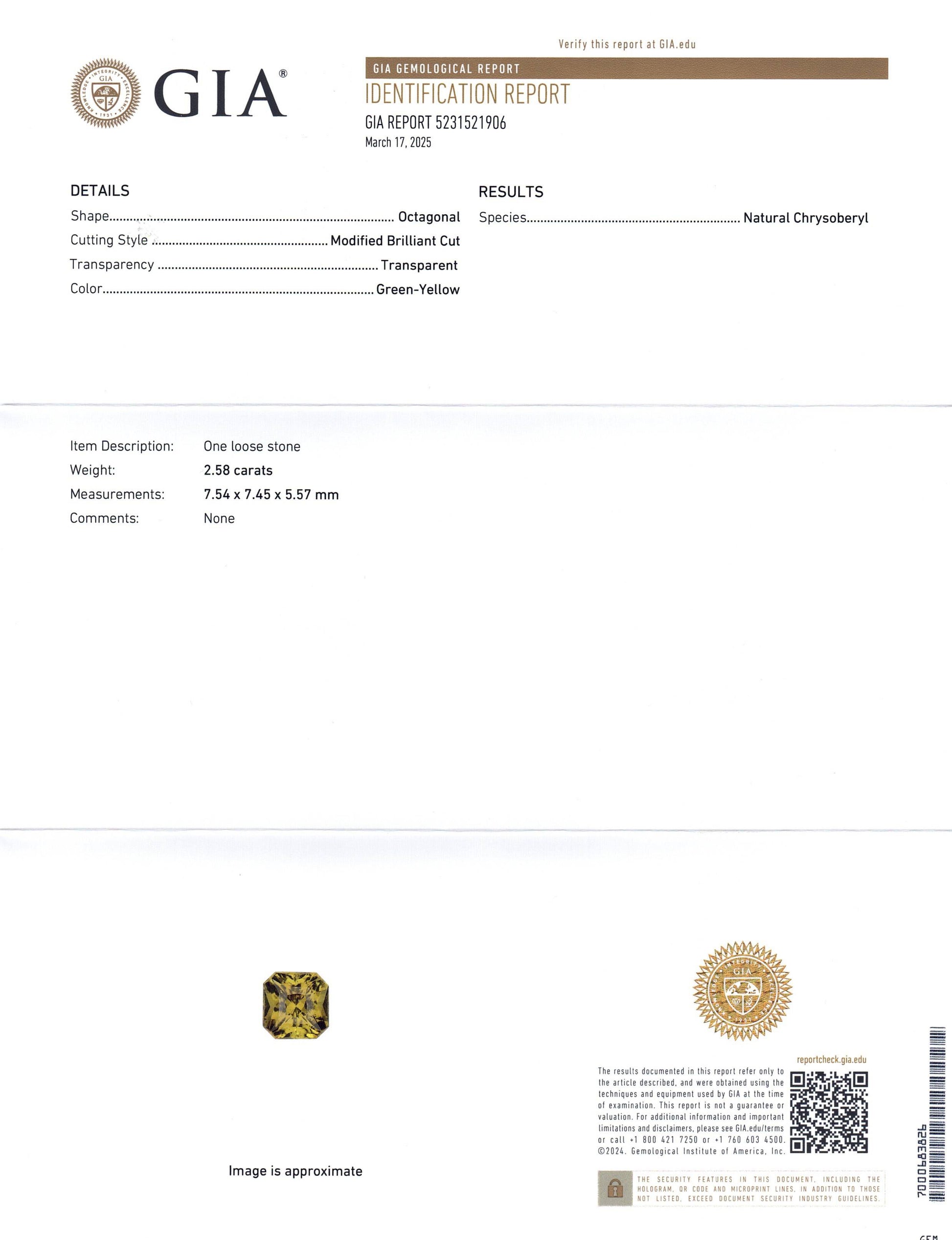 2.58ct Octagonal/Emerald Cut Green-Yellow Chrysoberyl GIA Certified Unheated - Skyjems Wholesale Gemstones