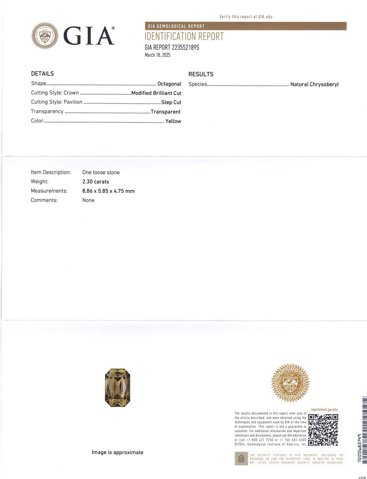 2.3ct Octagonal/Emerald Cut Yellow Chrysoberyl GIA Certified Unheated - Skyjems Wholesale Gemstones