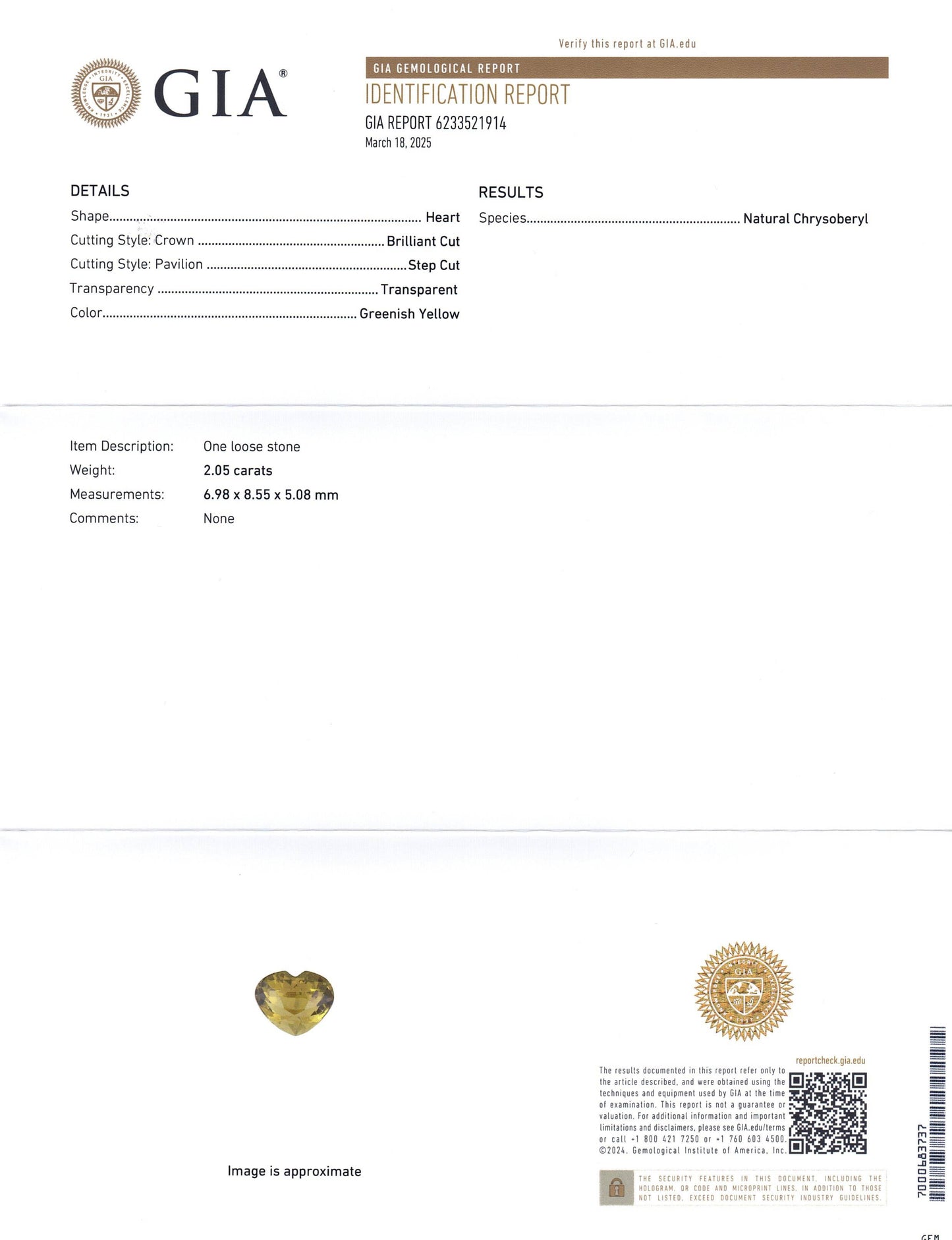 2.05ct Heart Greenish Yellow Chrysoberyl GIA Certified Unheated - Skyjems Wholesale Gemstones