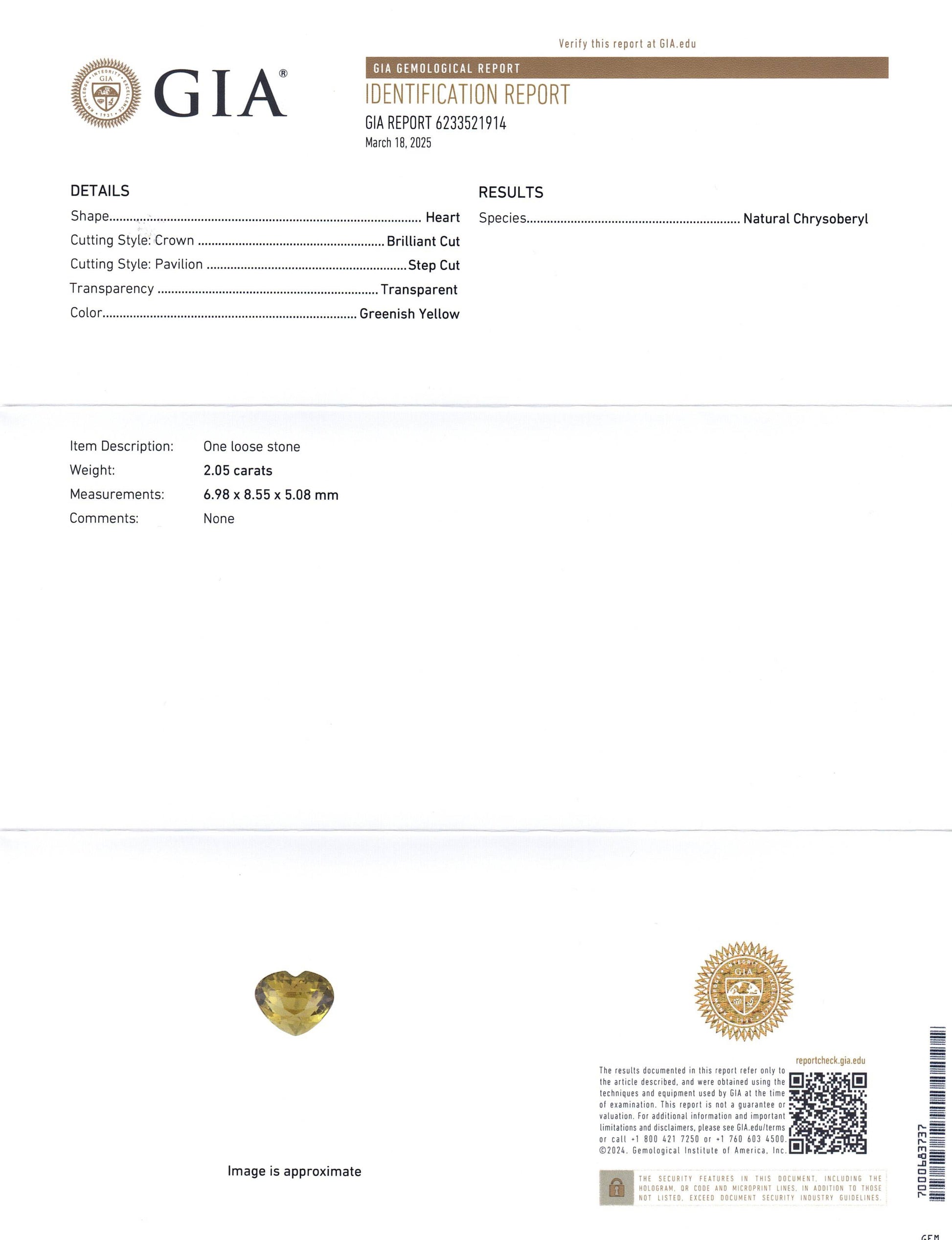 2.05ct Heart Greenish Yellow Chrysoberyl GIA Certified Unheated - Skyjems Wholesale Gemstones