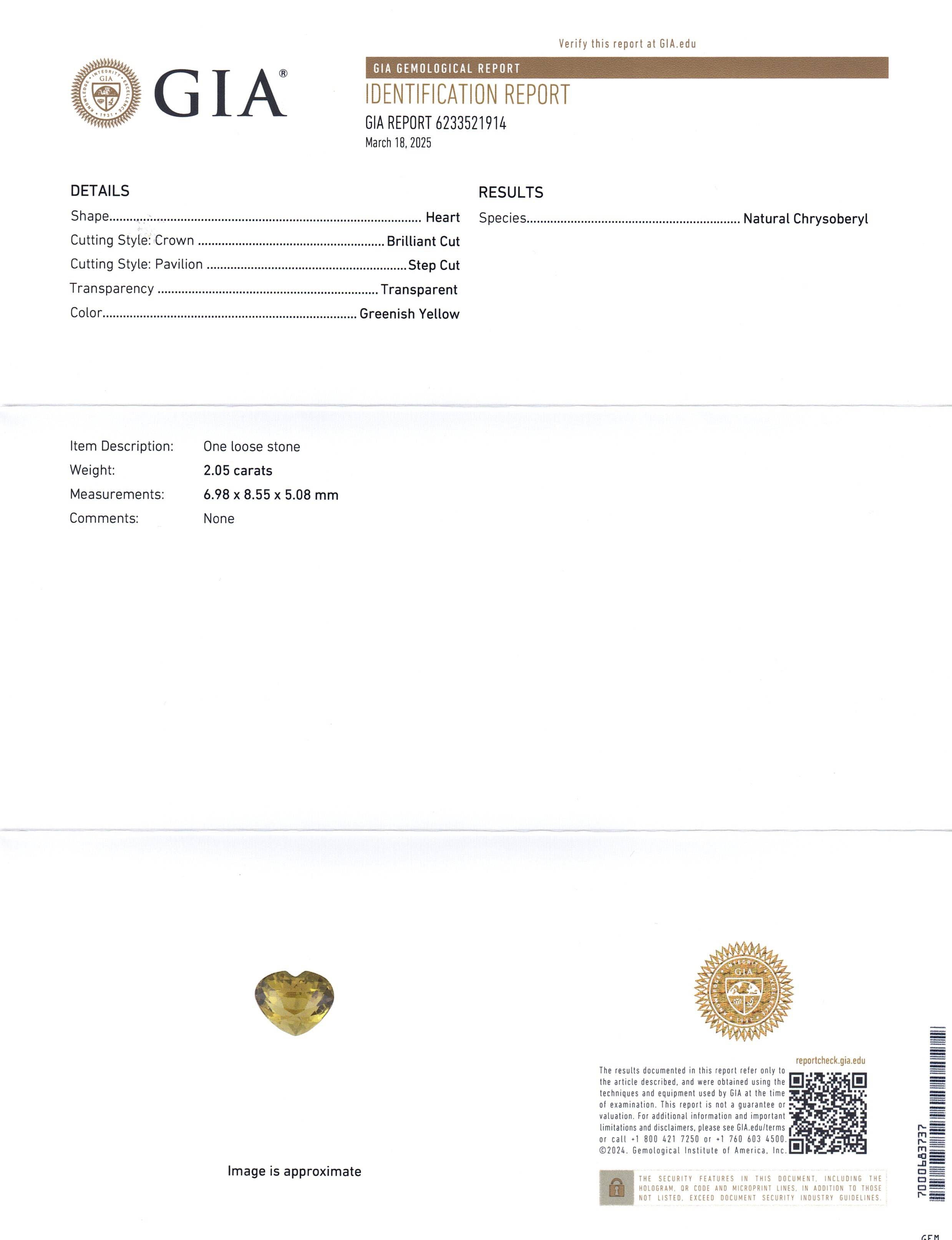 2.05ct Heart Greenish Yellow Chrysoberyl GIA Certified Unheated - Skyjems Wholesale Gemstones