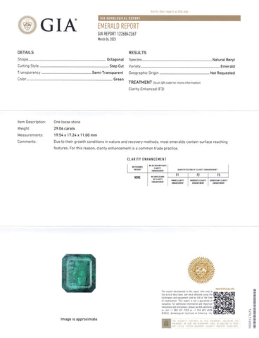 29.06ct Octagonal/Emerald Cut Green Emerald GIA Certified