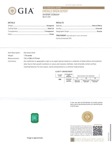 1.76ct Octagonal/Emerald Cut Green Emerald GIA Certified Russia