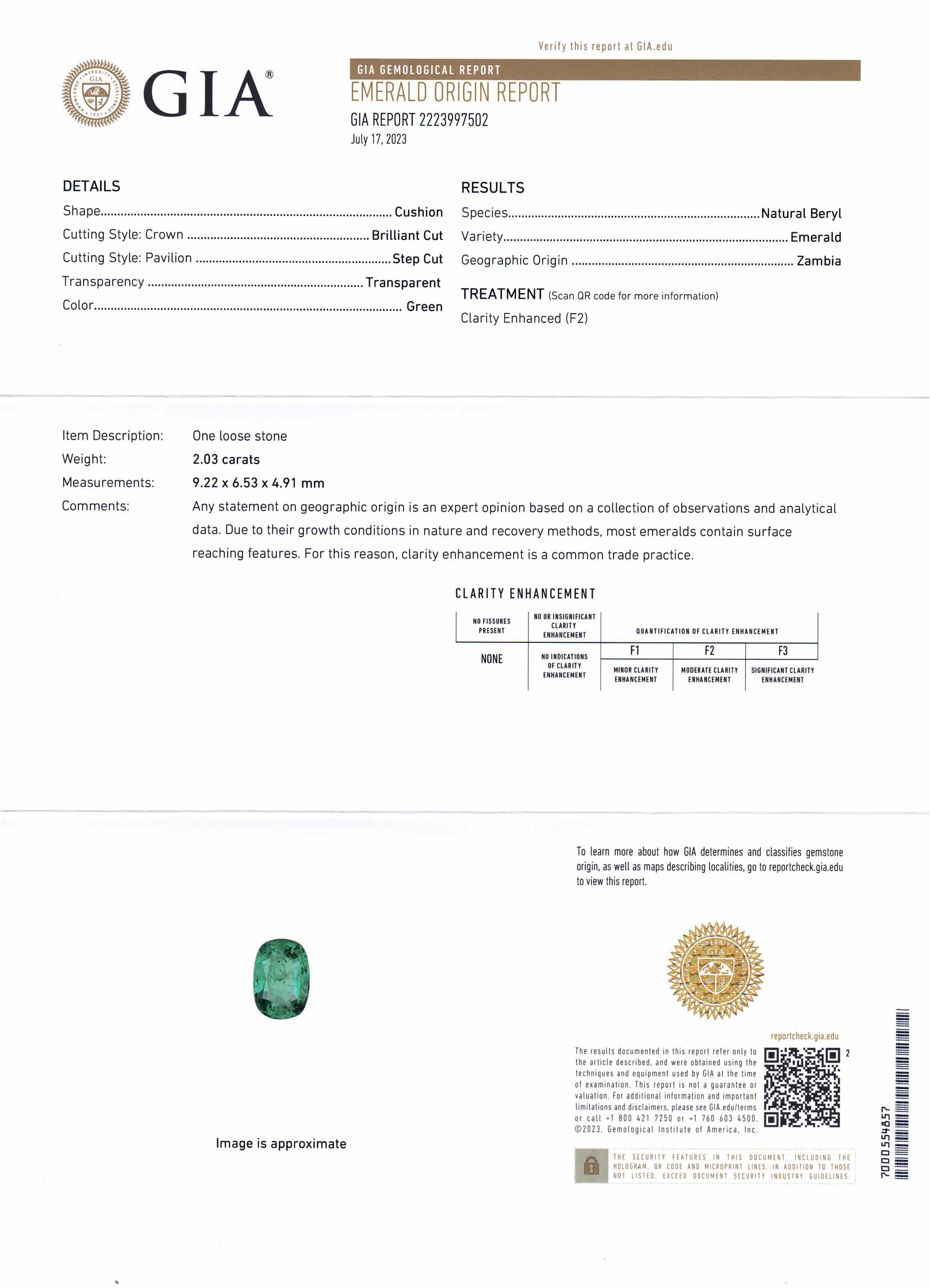 2.03ct Cushion Green Emerald GIA Certified Zambia - Skyjems Wholesale Gemstones