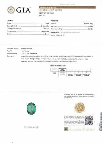 4.56ct Oval Green Emerald GIA Certified Zambia F1/Minor