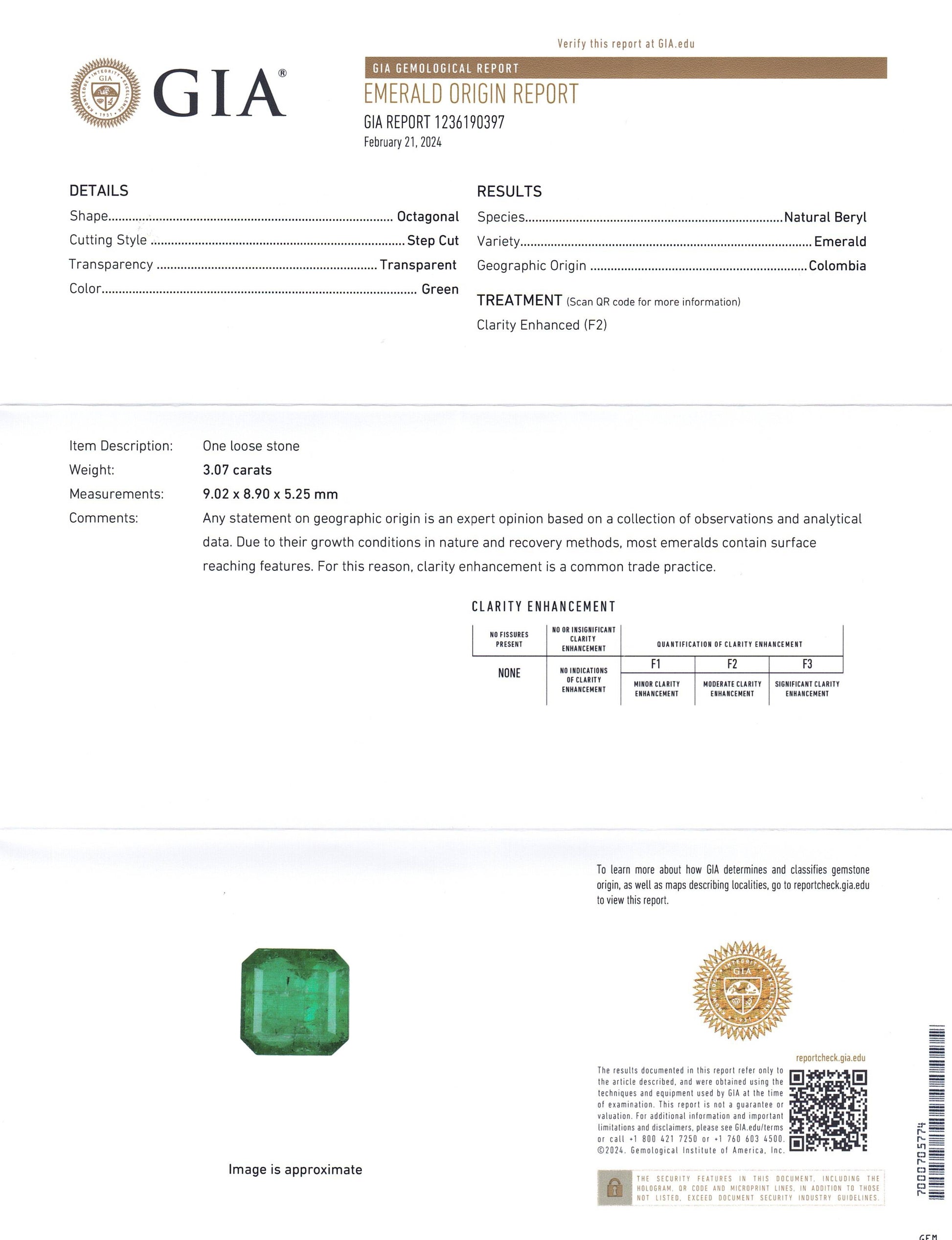 3.07ct Octagonal/Emerald Green Emerald GIA Certified Colombia - Skyjems Wholesale Gemstones