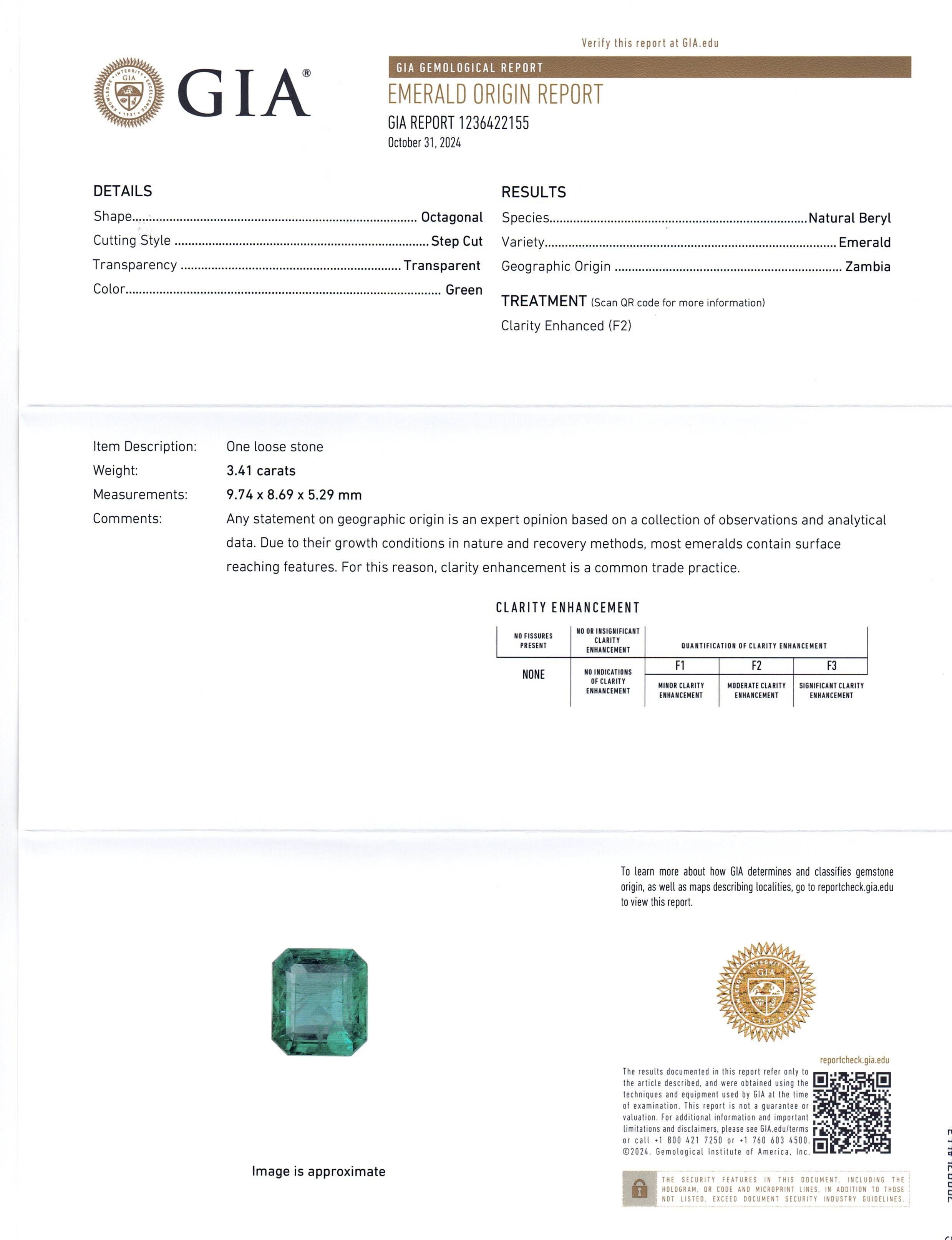 3.41ct Octagonal/Emerald Cut Green Emerald GIA Certified Zambia (F2) - Skyjems Wholesale Gemstones