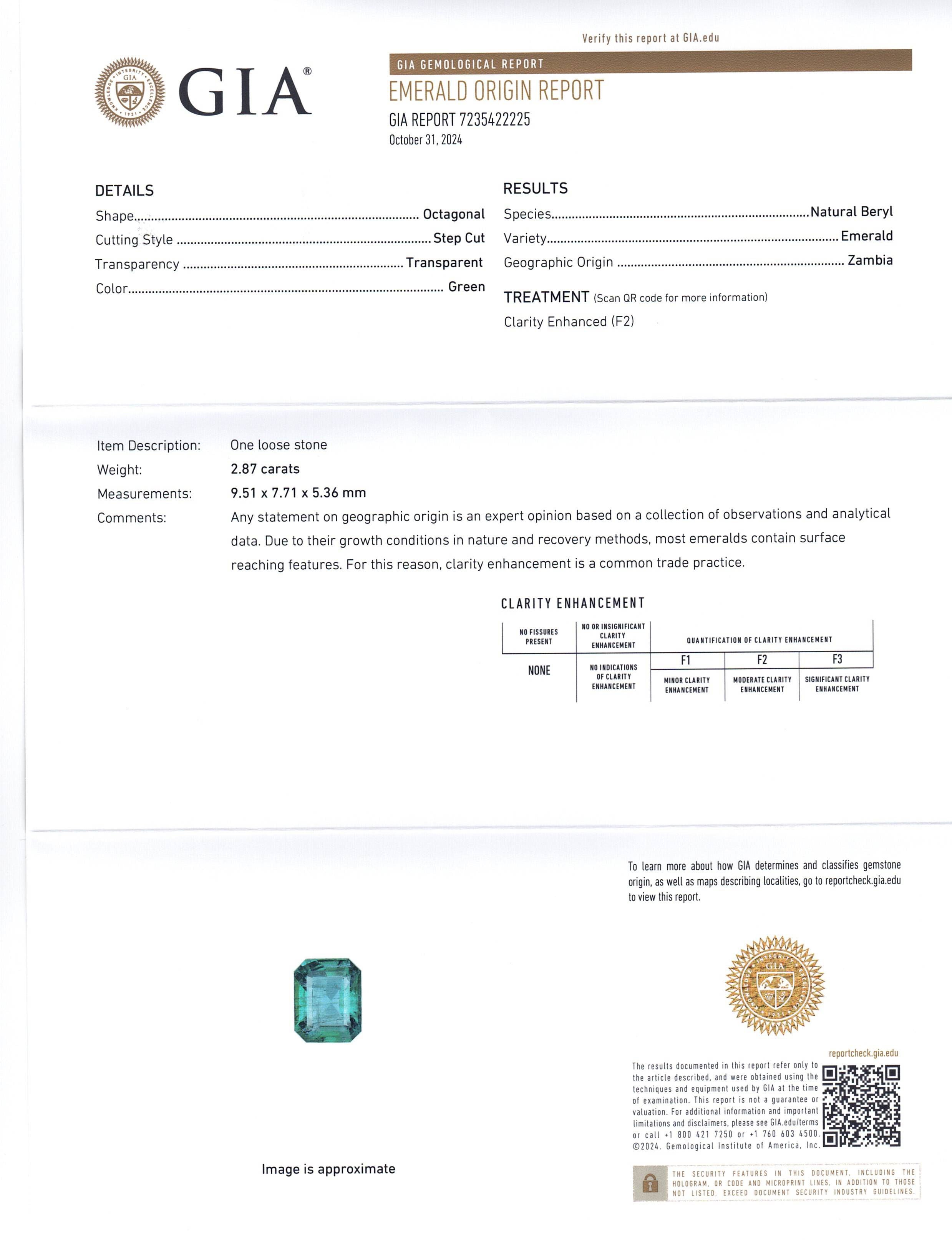 2.87ct Octagonal/Emerald Cut Green Emerald GIA Certified Zambia (F2) - Skyjems Wholesale Gemstones