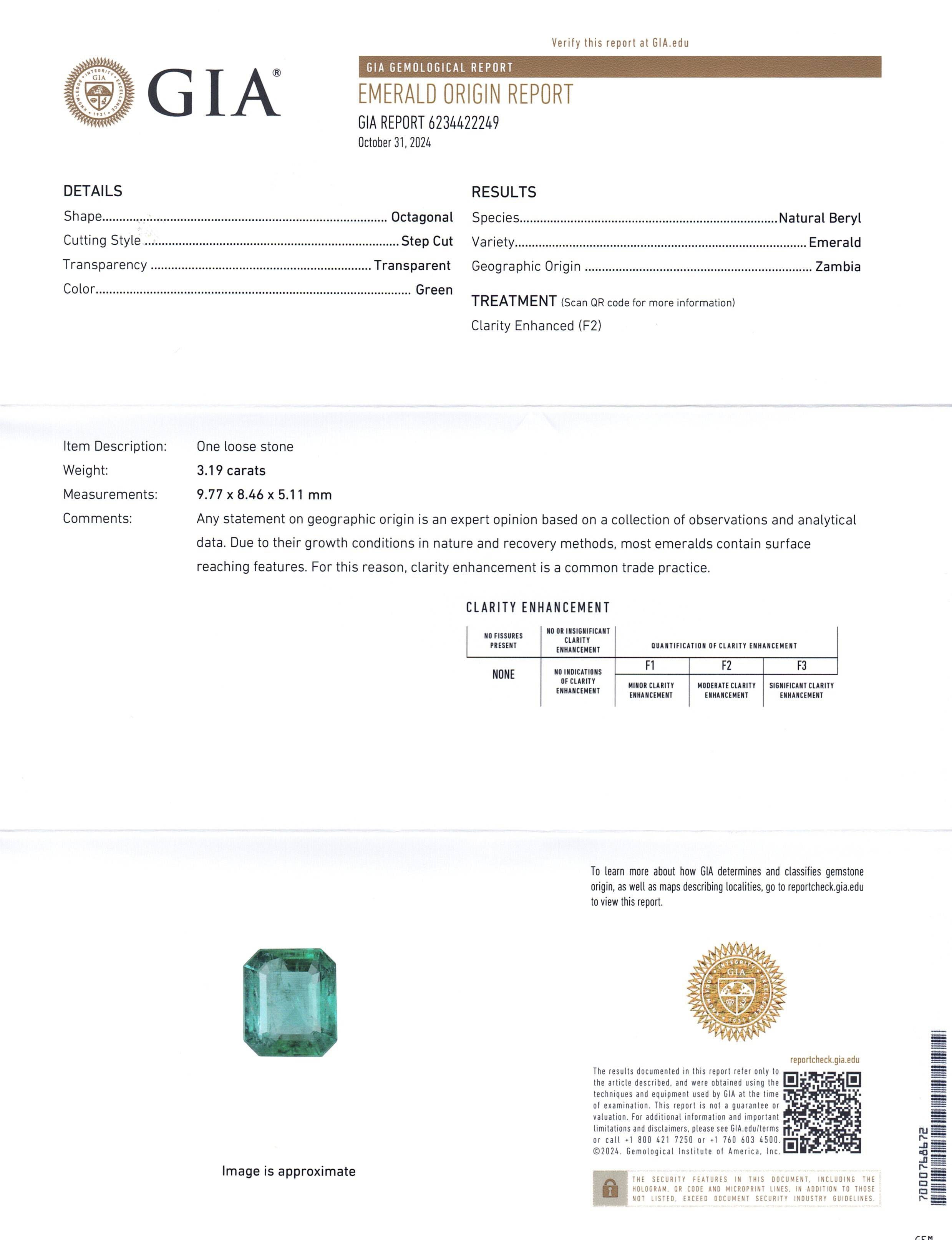 3.19ct Octagonal/Emerald Cut Green Emerald GIA Certified Zambia (F2) - Skyjems Wholesale Gemstones