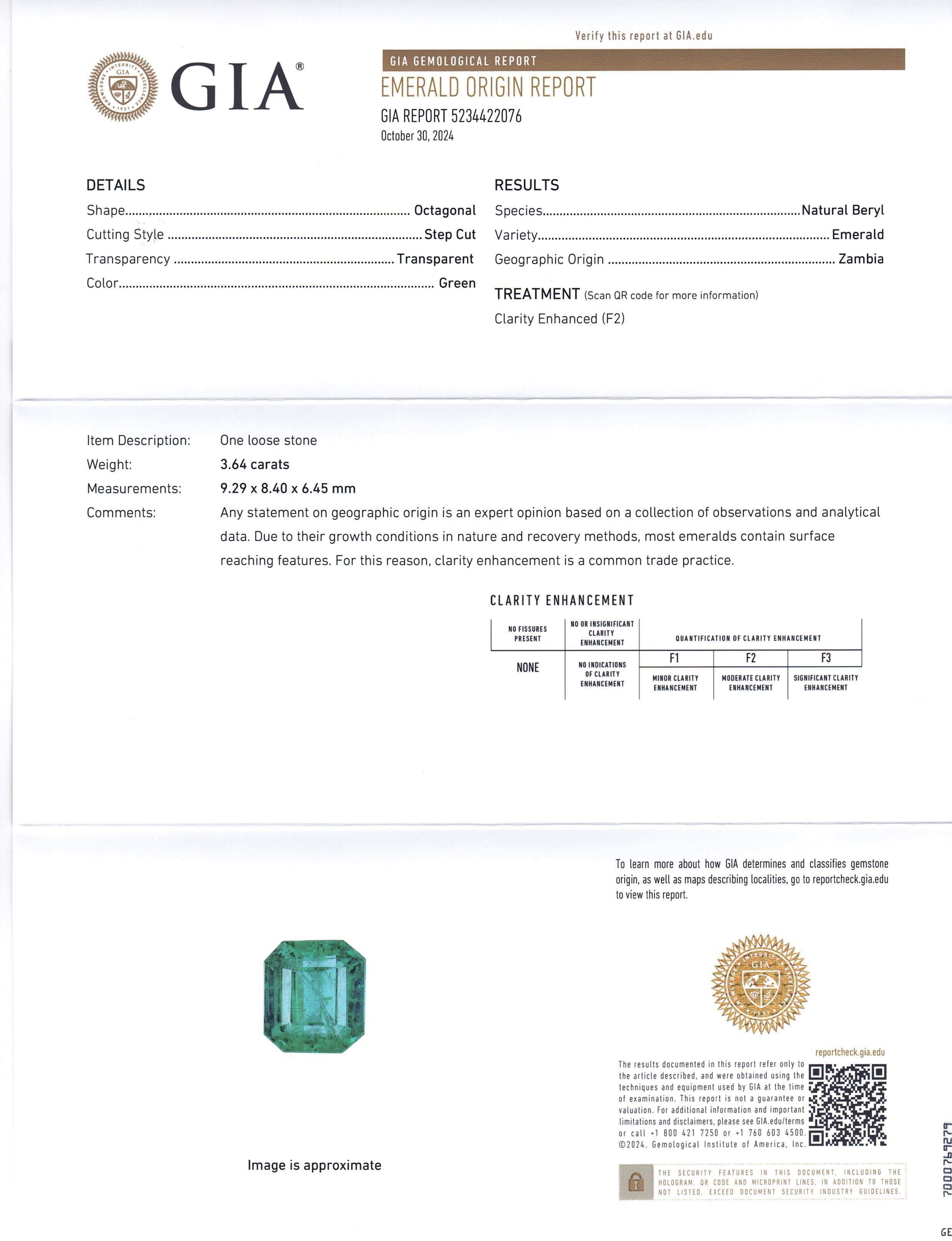 3.64ct Octagonal/Emerald Cut Green Emerald GIA Certified Zambia (F2) - Skyjems Wholesale Gemstones