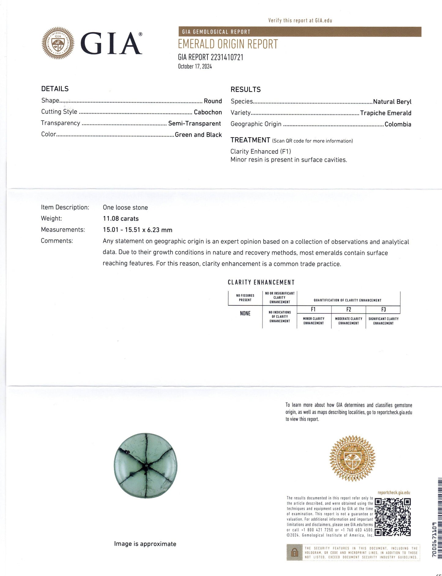 11.08ct Round Green and Black Trapiche Emerald GIA Certified Colombia (F1)