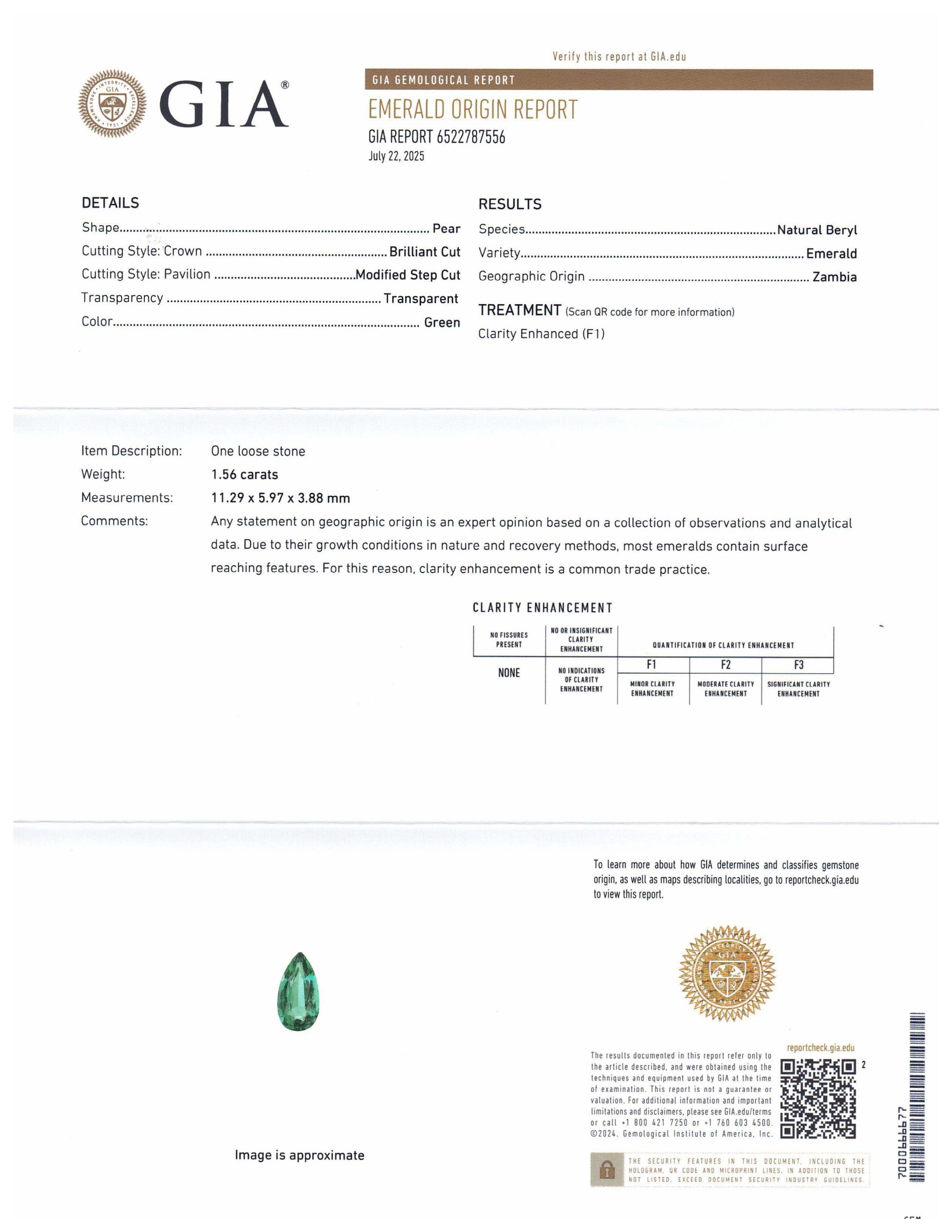 1.56ct Pear Green Emerald GIA Certified Zambia (F1) - Skyjems Wholesale Gemstones