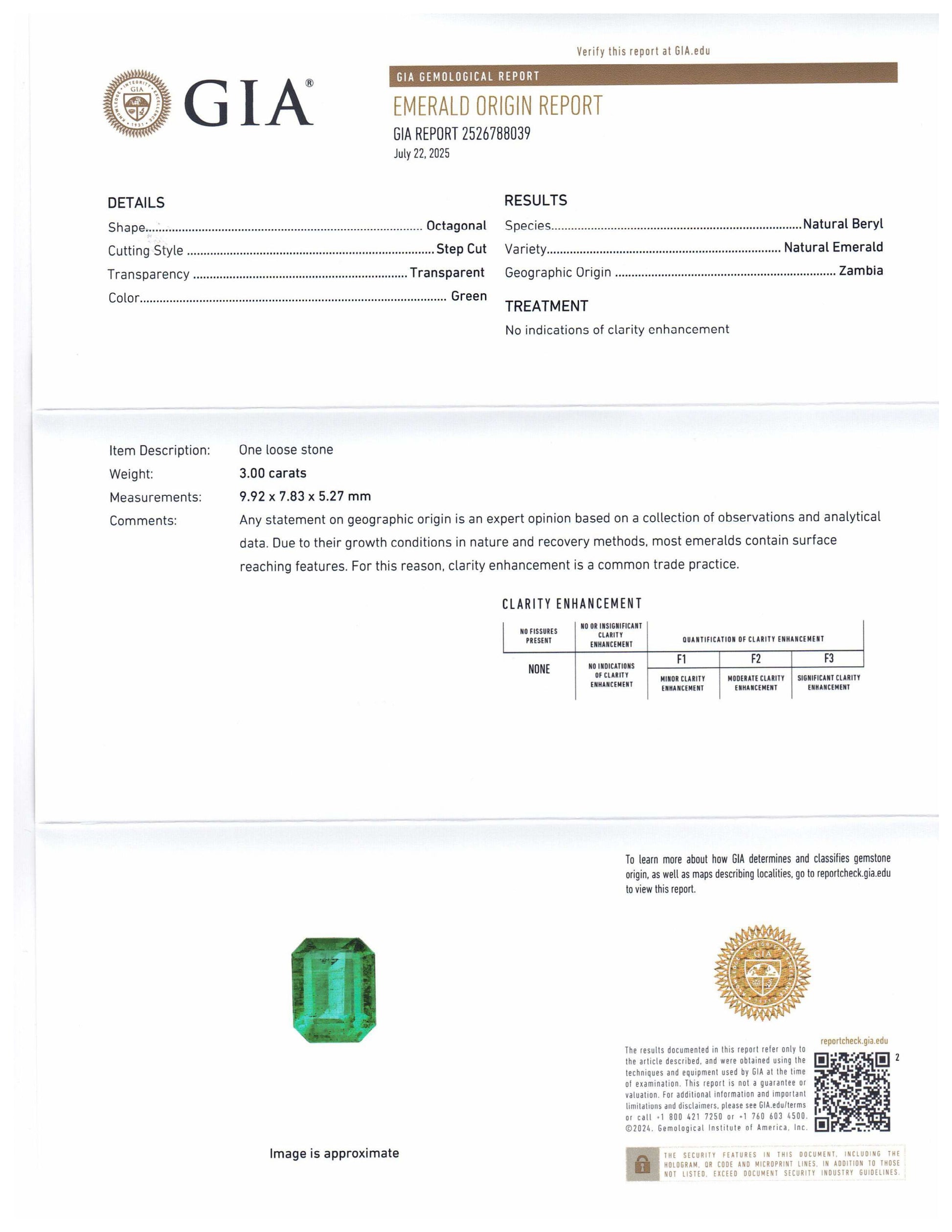 3ct Octagonal/Emerald Cut Green Emerald GIA Certified Zambia Untreated/No Oil - Skyjems Wholesale Gemstones