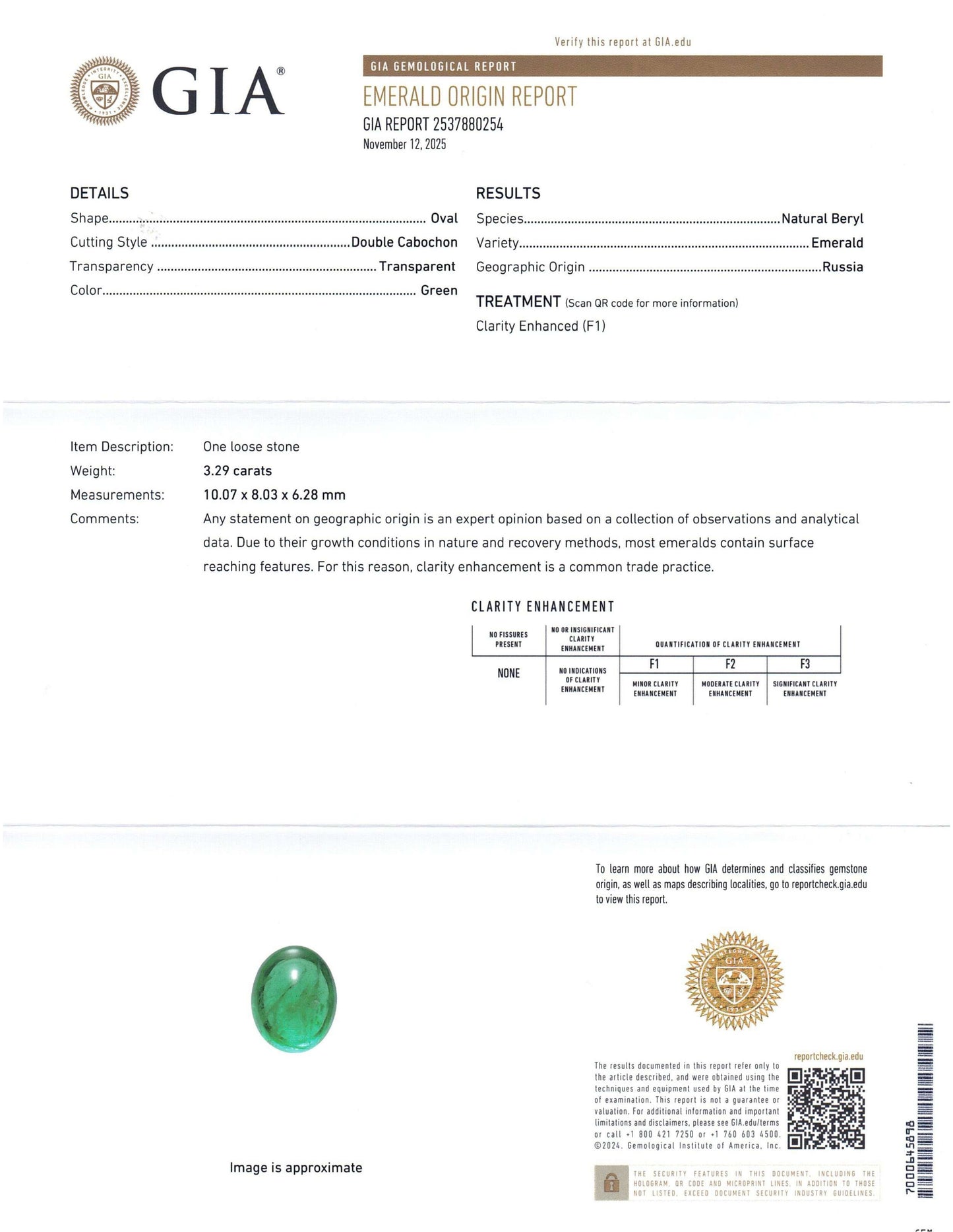 3.29ct Oval Double Cabochon Green Emerald GIA Certified Russia (F1)