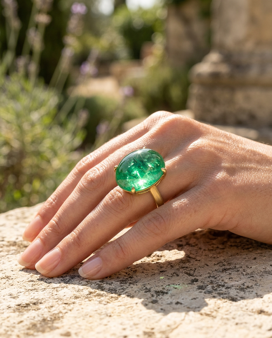 3.29ct Green Russian Emerald Oval Double Cabochon, GIA Certified Natural Beryl from SkyJems Gemstones