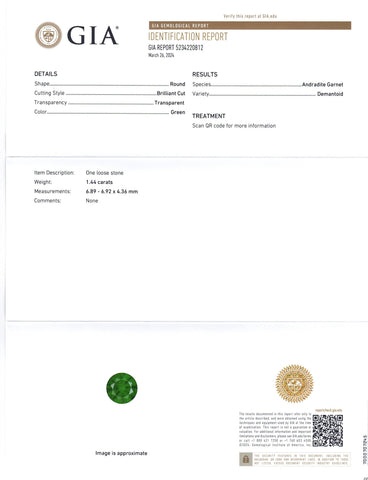1.44ct Round Vivid Green Demantoid Garnet GIA Certified Russia Unheated
