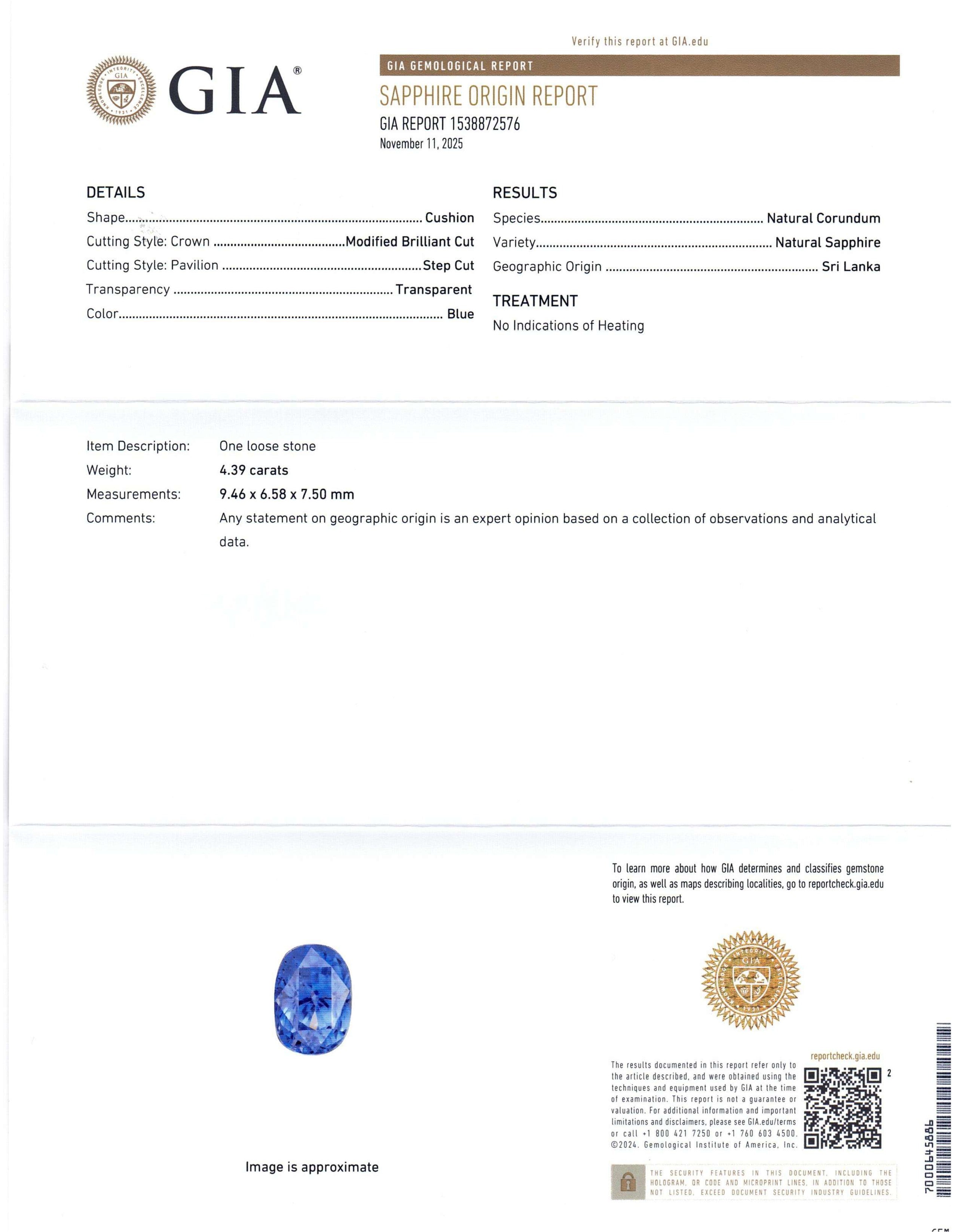 4.39ct Cushion Blue Sapphire, Diamond Halo Engagement Ring set in Platinum, Unheated - Skyjems Wholesale Gemstones