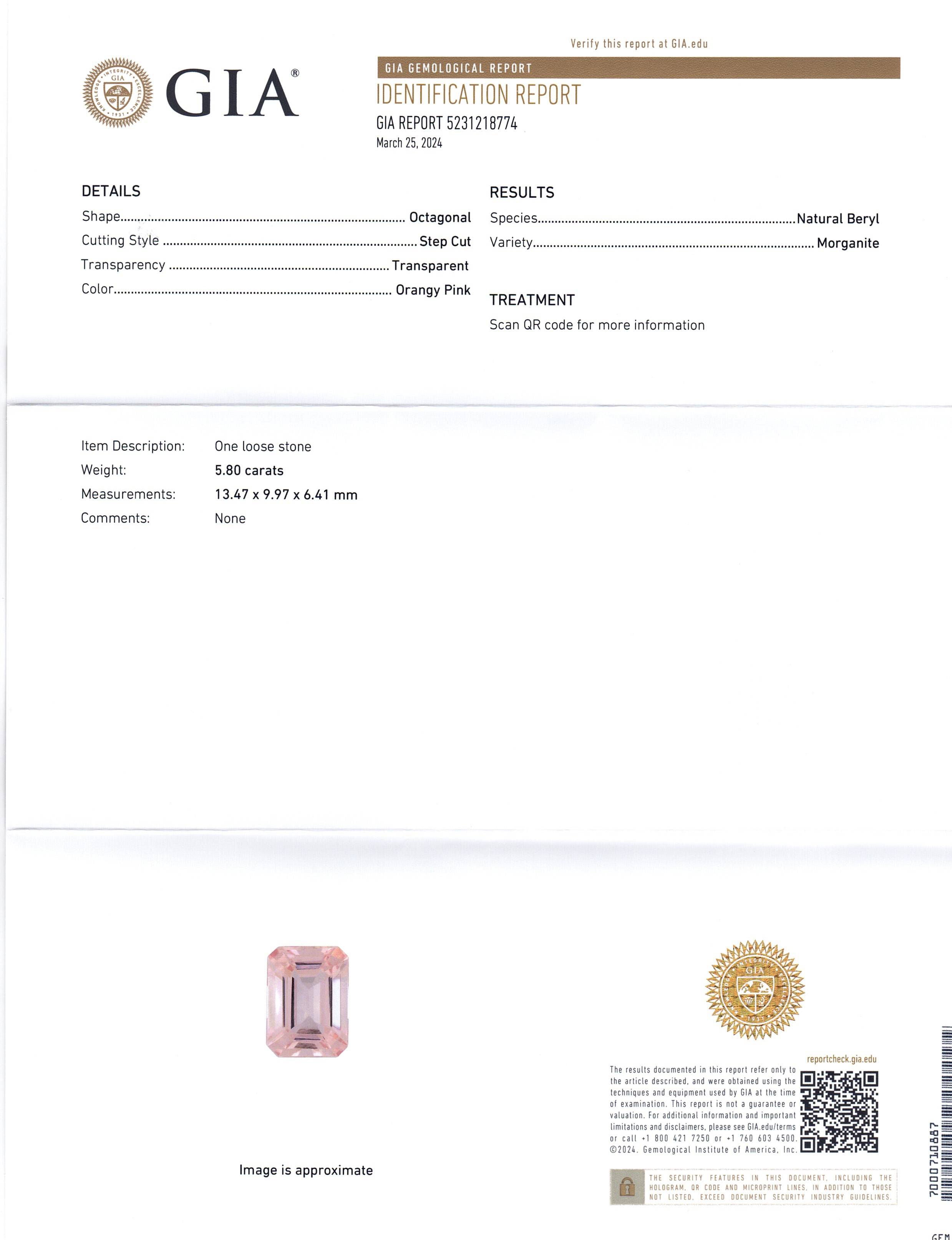 5.8ct Octagonal/Emerald Cut Orangy Pink Morganite GIA Certified Brazil Unheated - Skyjems Wholesale Gemstones